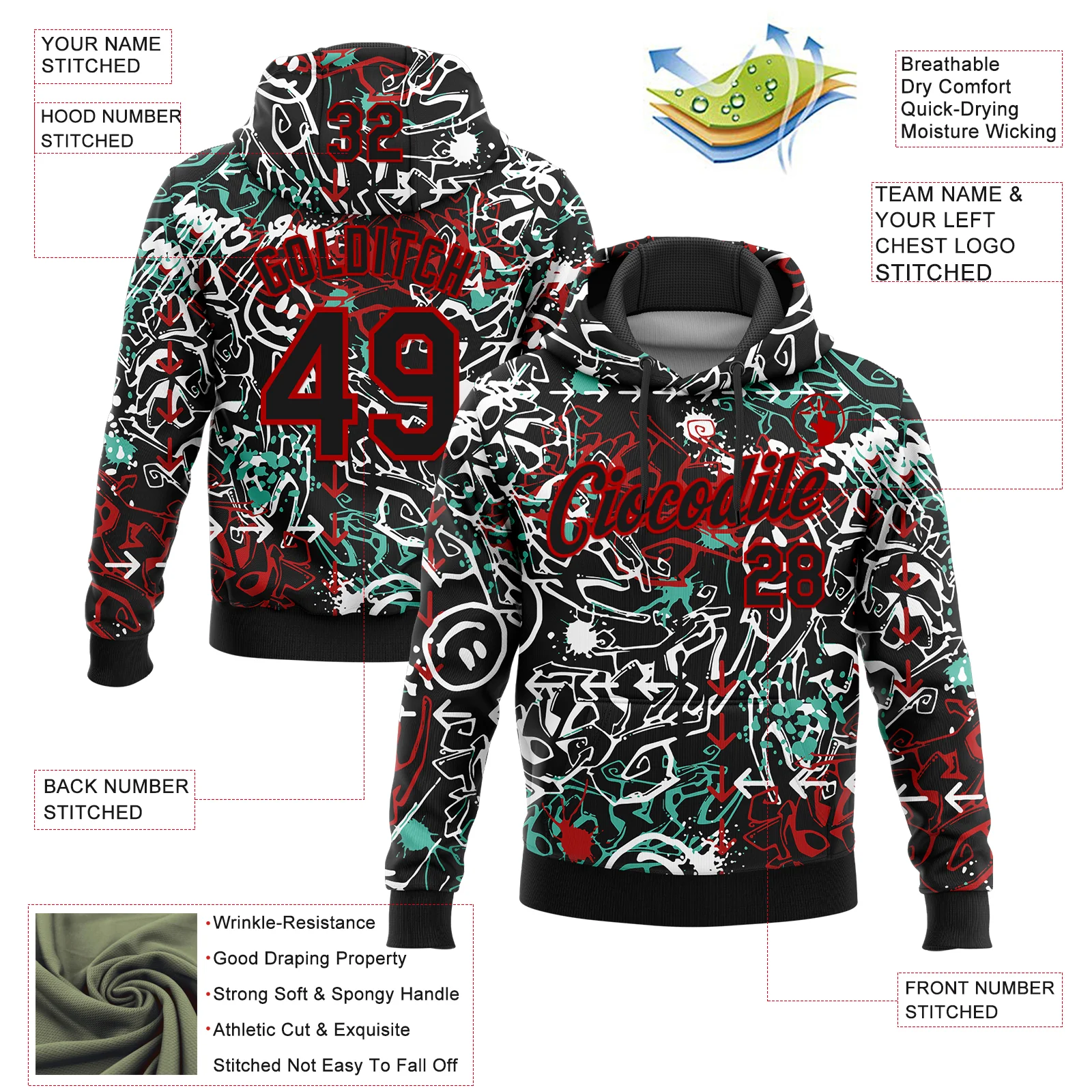 Custom Stitched Graffiti Pattern Black-Red 3D Abstract Grunge Art Sports Pullover Sweatshirt Hoodie