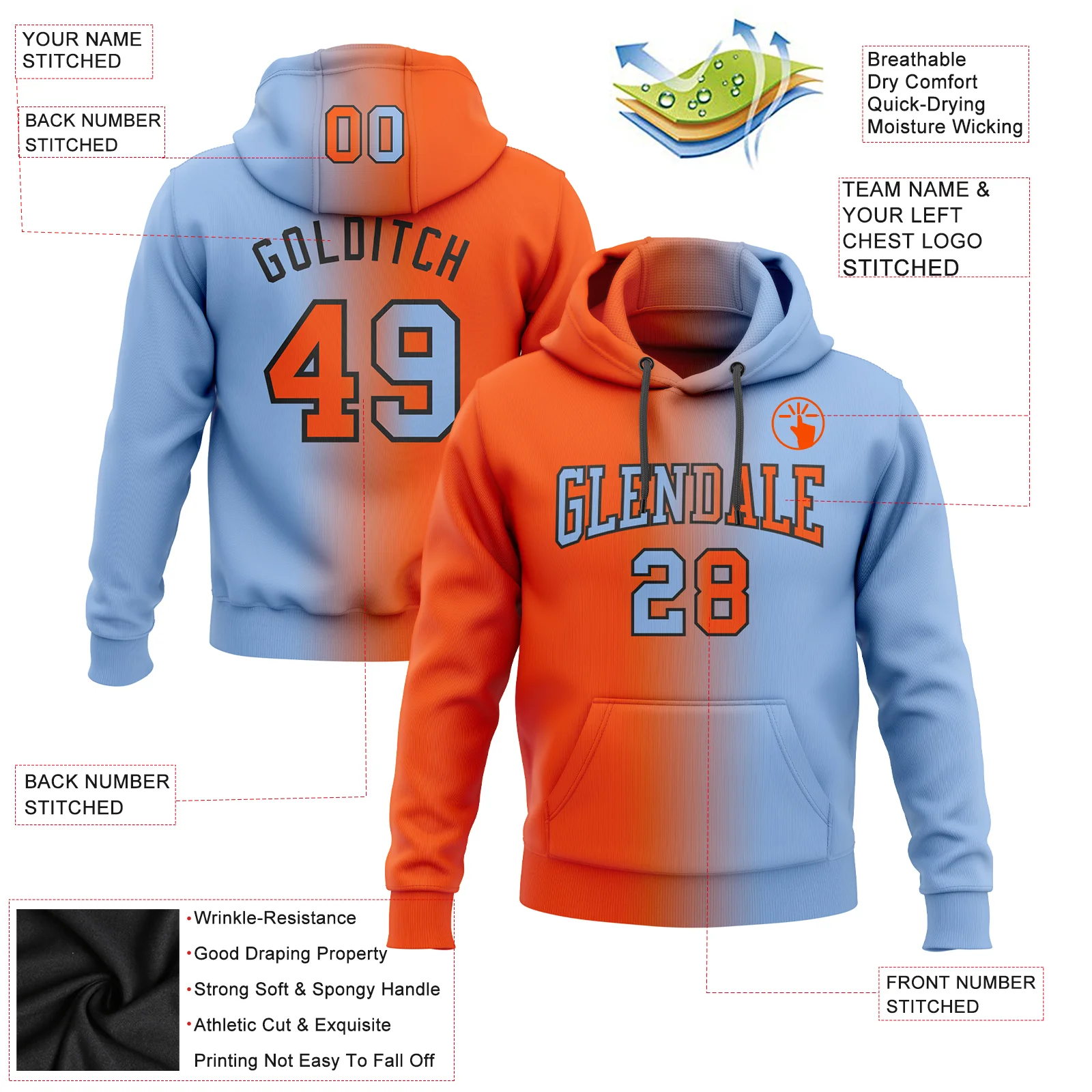 Custom Stitched Light Blue Orange-Black Gradient Fashion Sports Pullover Sweatshirt Hoodie