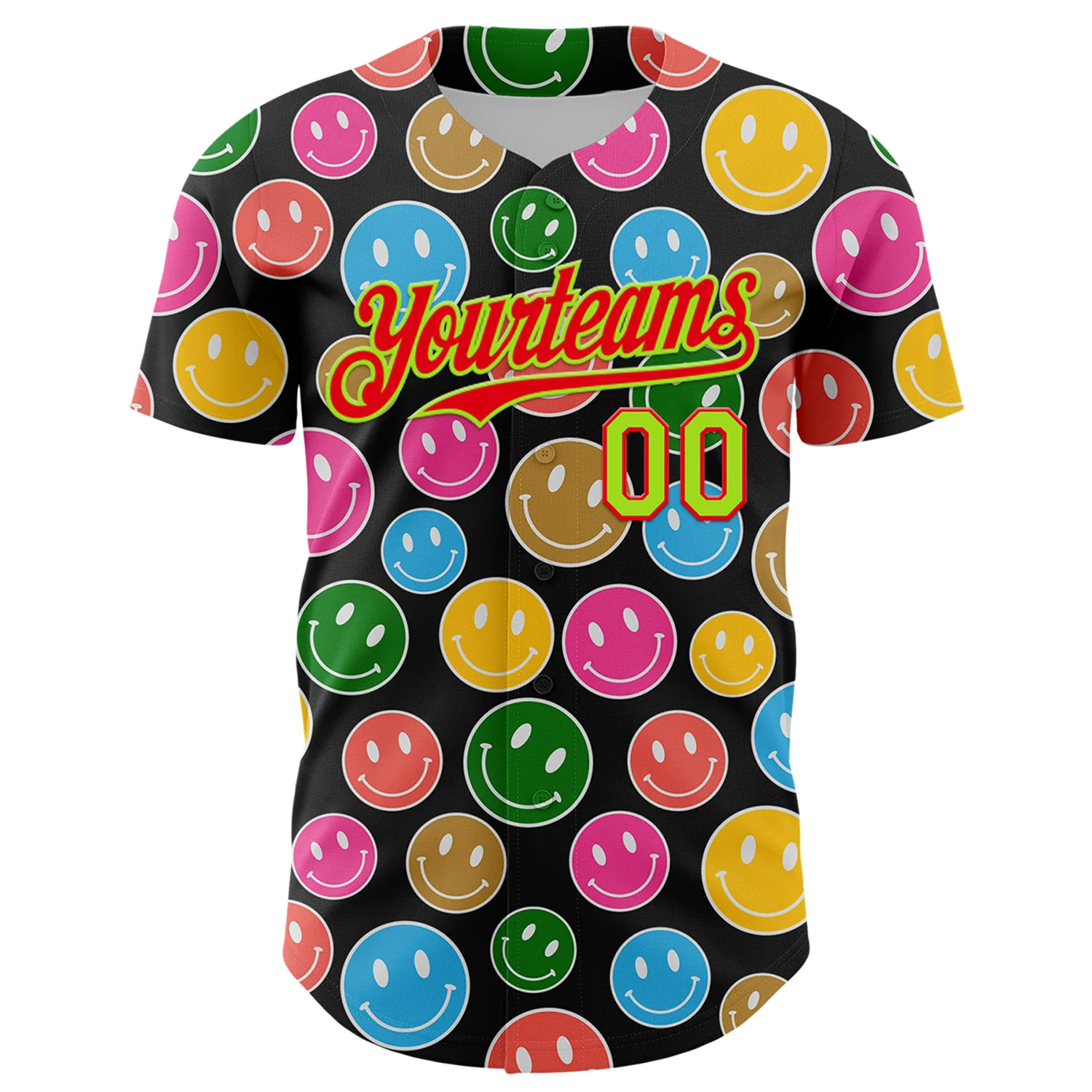 Custom Black Neon Green-Fire Red 3D Pattern Design Funny Cartoon Emoji Smile Face Authentic Baseball Jersey