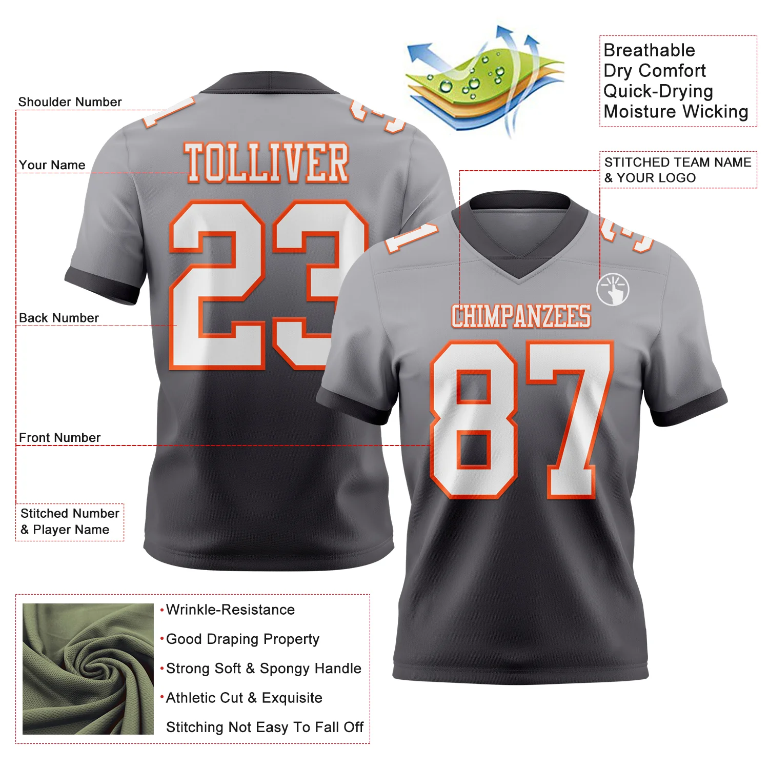 Custom Gray White Steel Gray-Orange Authentic Fade Fashion Football Jersey