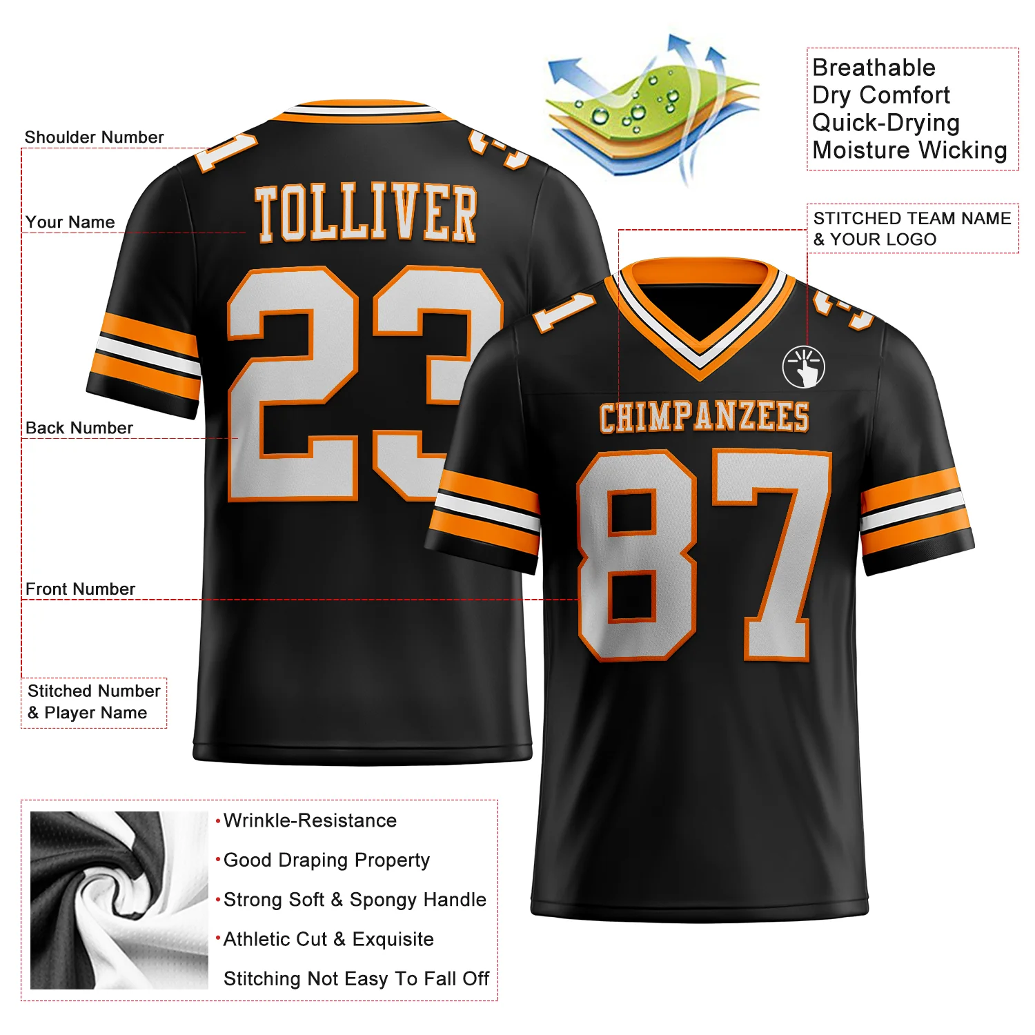 Custom Black White-Bay Orange Authentic Football Jersey