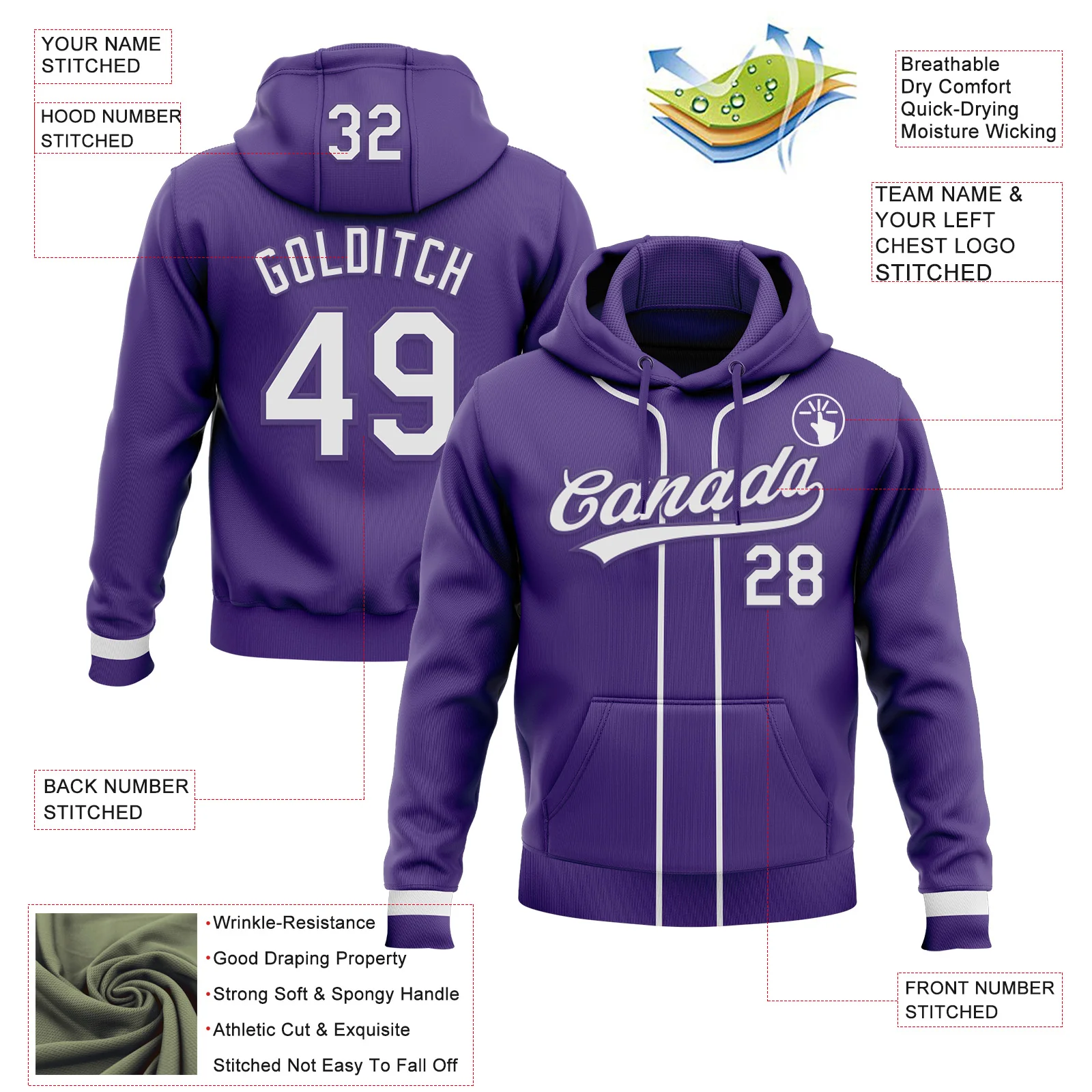 Custom Stitched Purple White Baseball Pullover Sweatshirt Hoodie