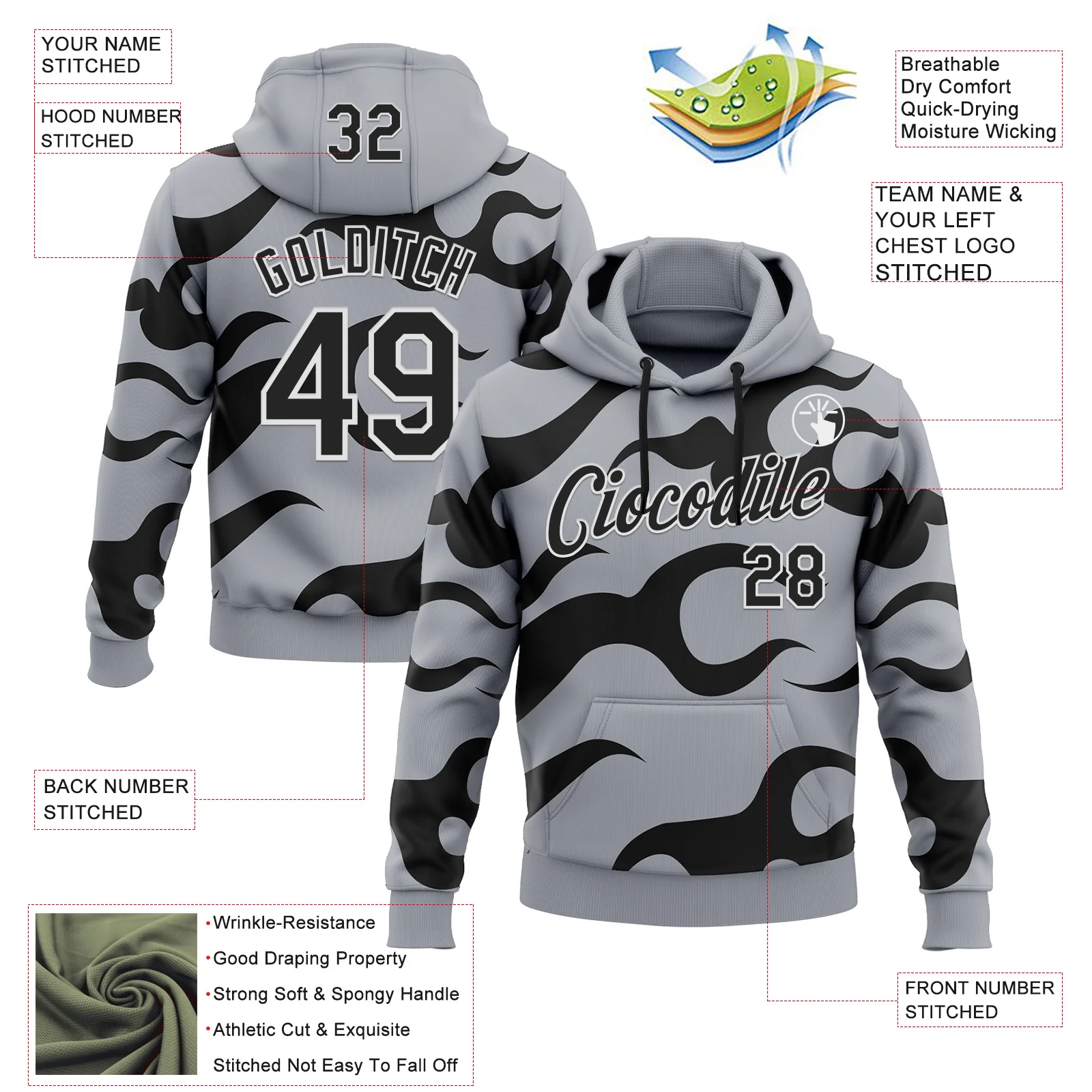 Custom Stitched Gray Black-White 3D Pattern Design Sportswear Pullover Sweatshirt Hoodie