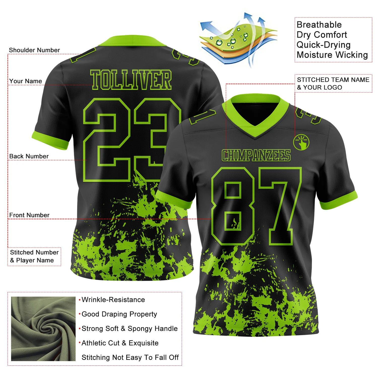 Custom Black Neon Green 3D Pattern Splash Authentic Football Jersey