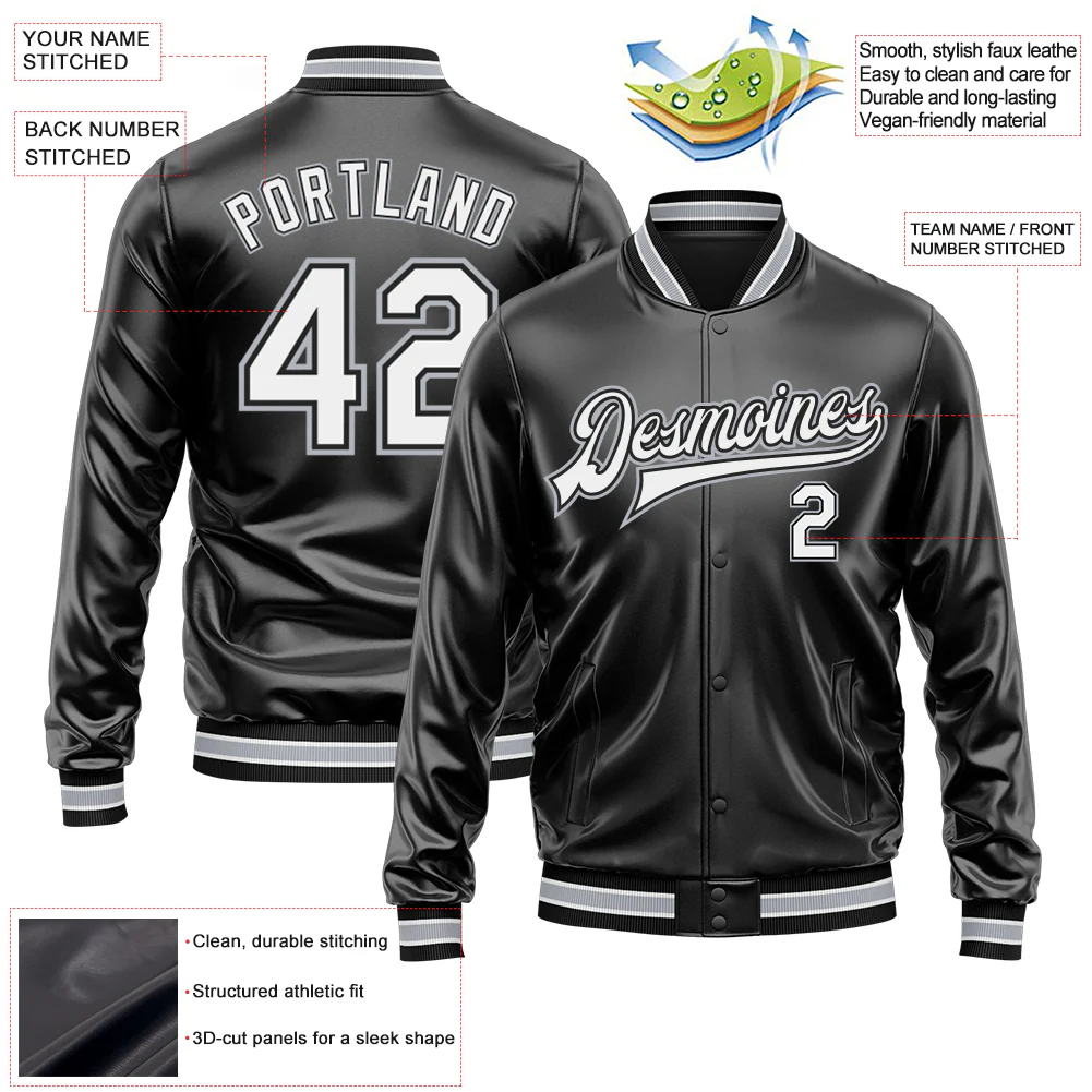 Custom Black White-Gray Bomber Full-Snap Varsity Faux Leather Letterman Jacket