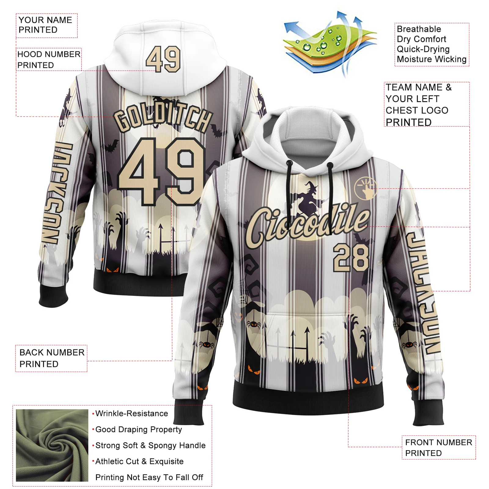 Custom White City Cream-Black 3D Halloween Spooky Sportswear Sports Pullover Sweatshirt Hoodie