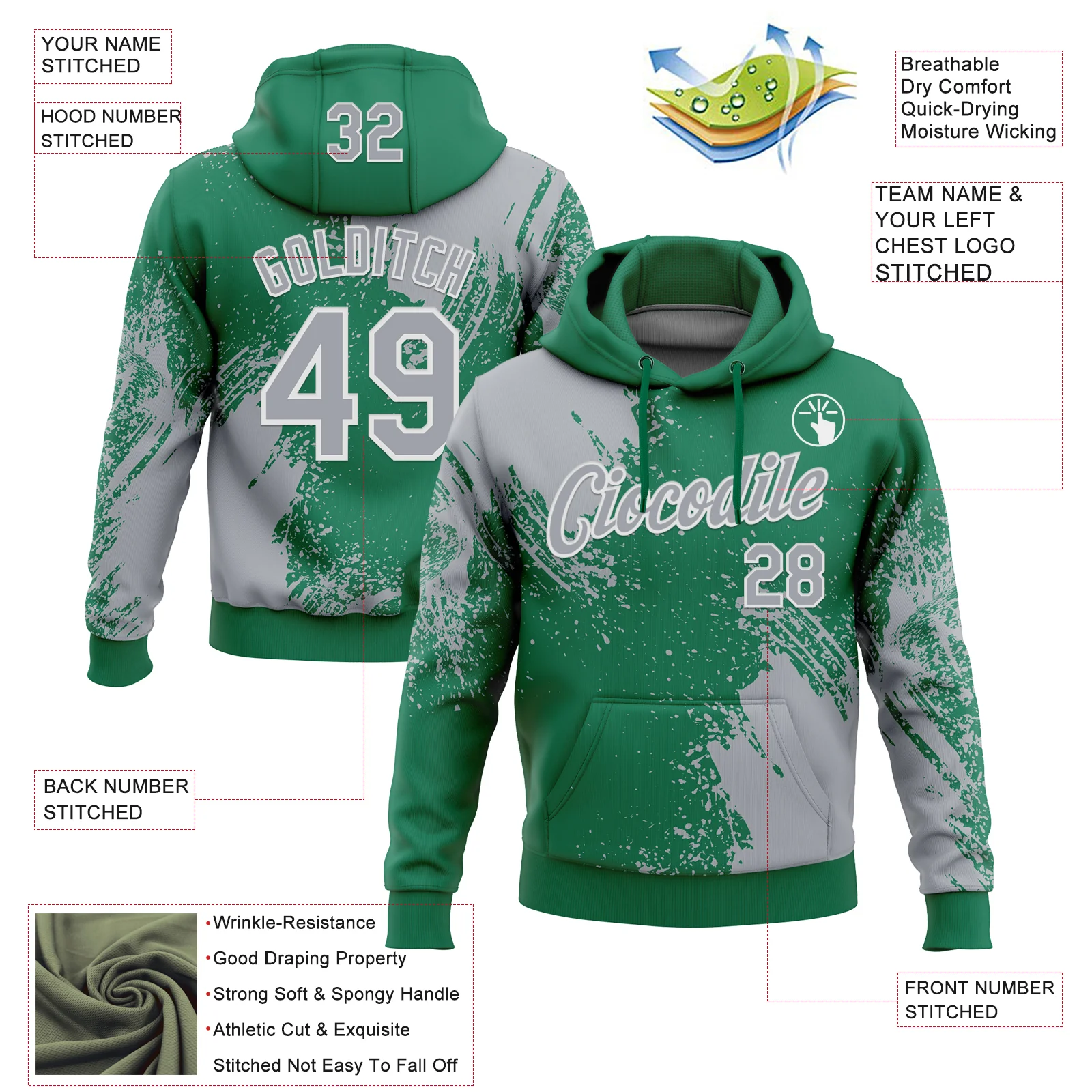 Custom Stitched Kelly Green Gray-White 3D Pattern Design Abstract Brush Stroke Sports Pullover Sweatshirt Hoodie