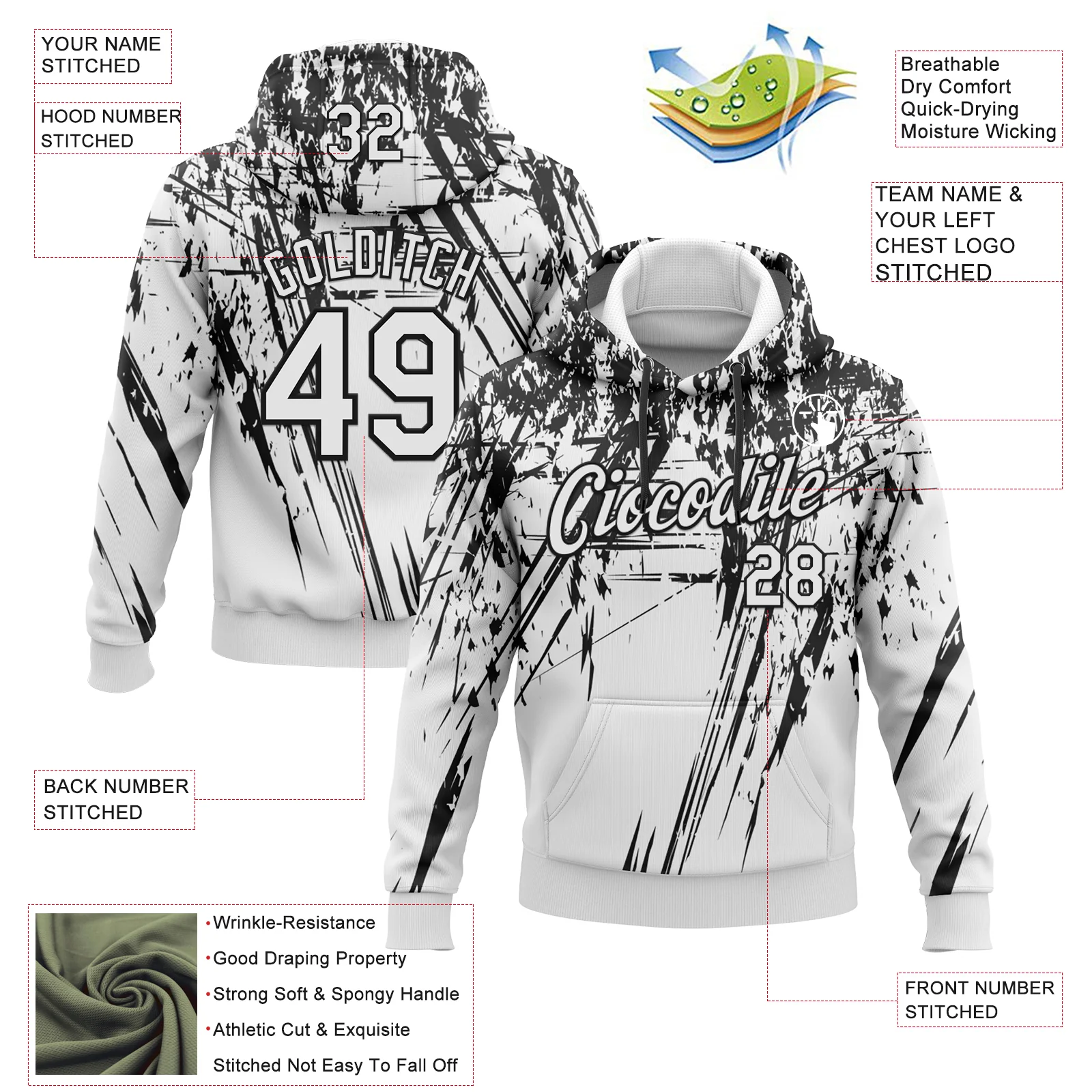 Custom Stitched White Black 3D Pattern Design Splash Grunge Art Sports Pullover Sweatshirt Hoodie