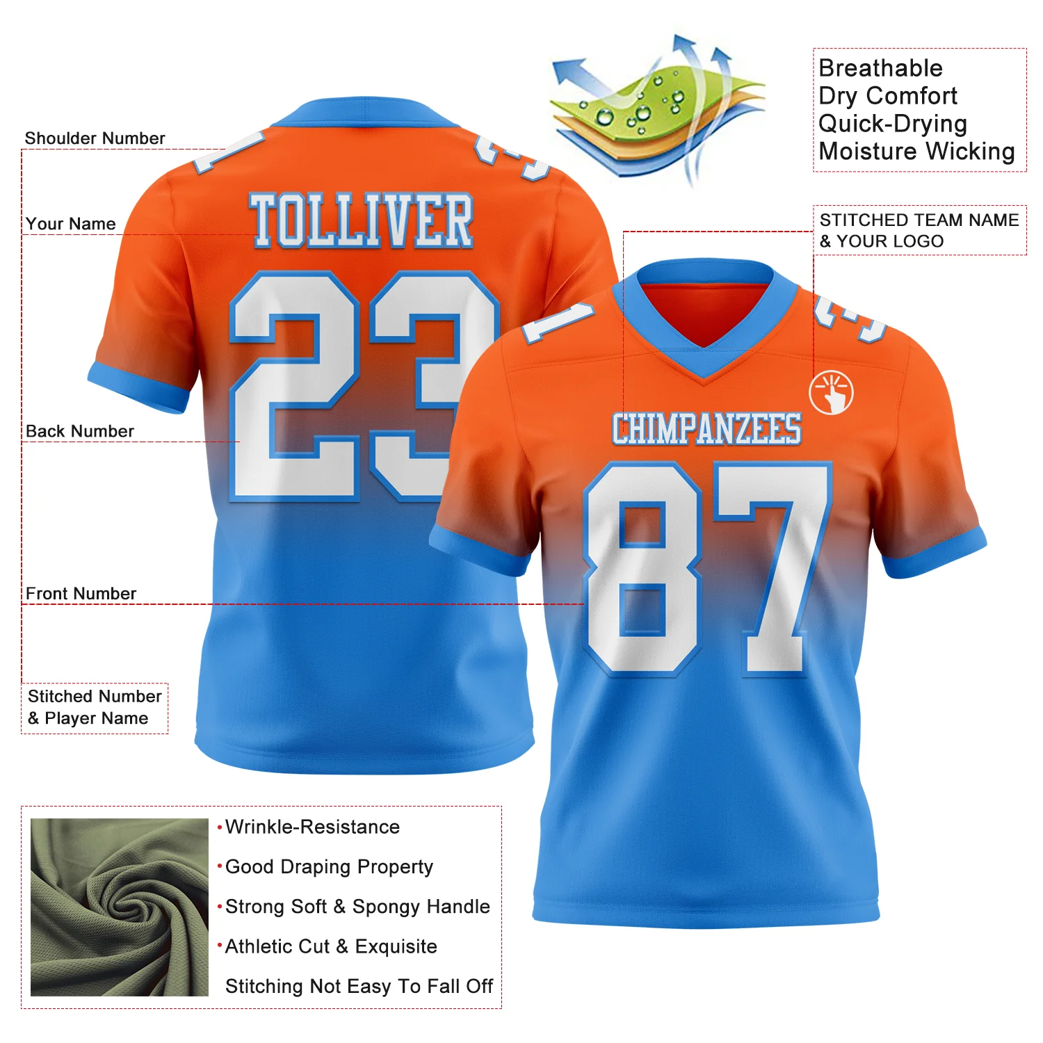 Custom Orange White-Powder Blue Authentic Fade Fashion Football Jersey