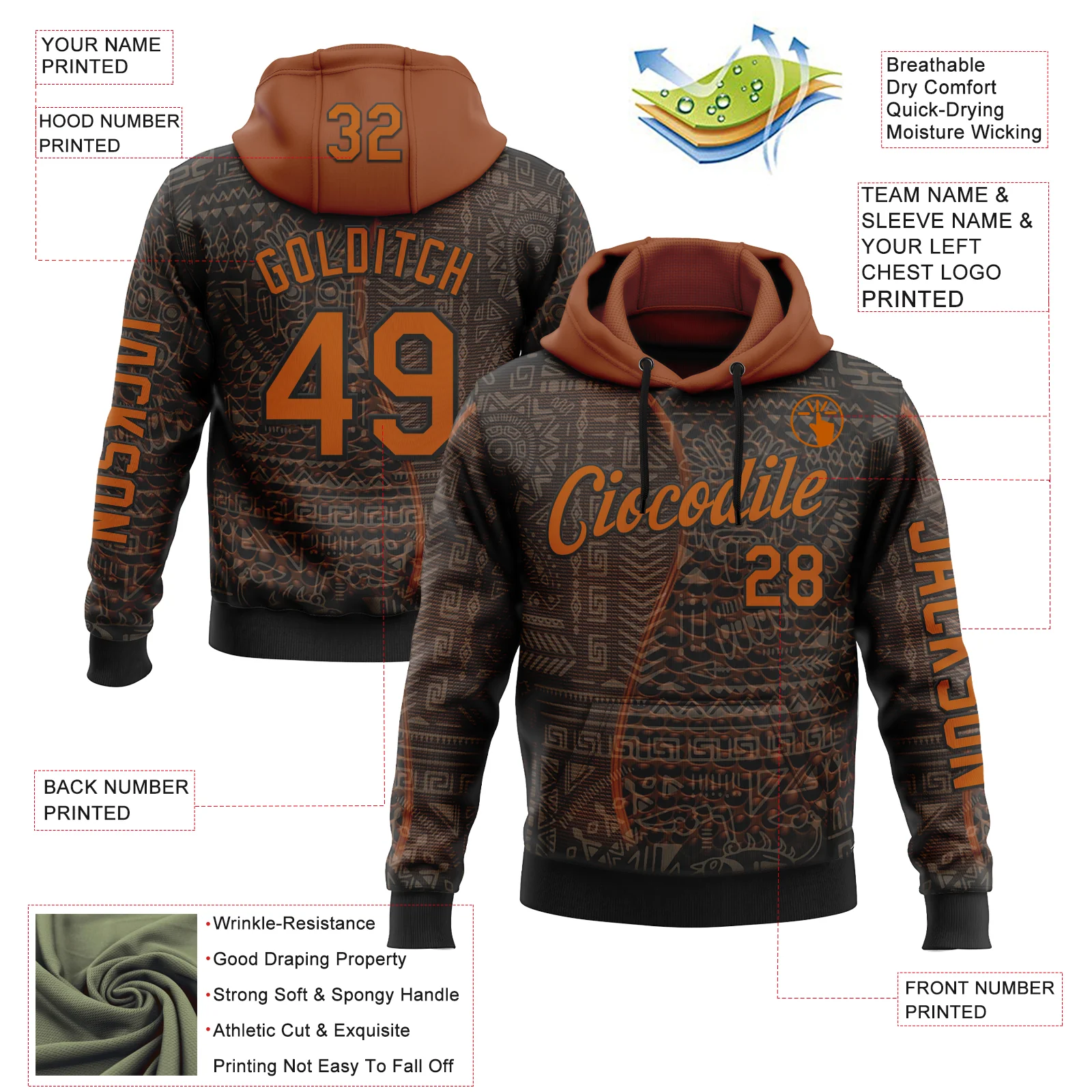 Custom Black Texas Orange 3D Pattern Design Ethnic Tribal Sportswear Pullover Sweatshirt Hoodie