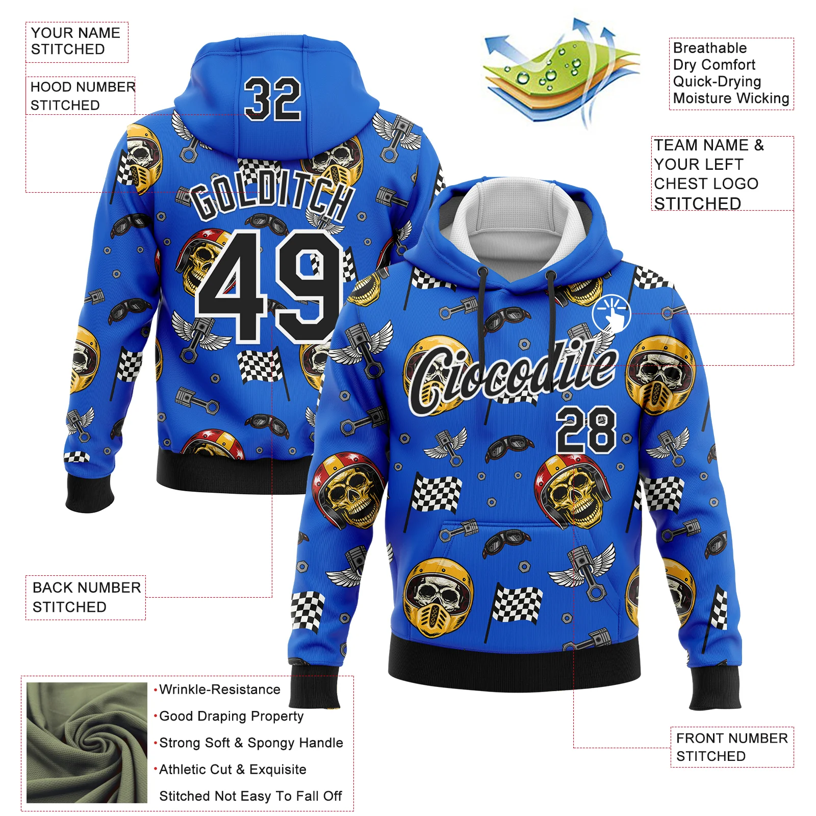 Custom Stitched Blue Black-White 3D Pattern Design Motorcycle Motocross Helmet Skull Racing Sports Pullover Sweatshirt Hoodie