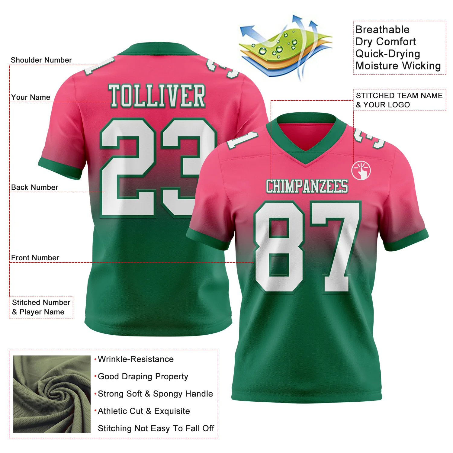 Custom Neon Pink White-Kelly Green Authentic Fade Fashion Football Jersey