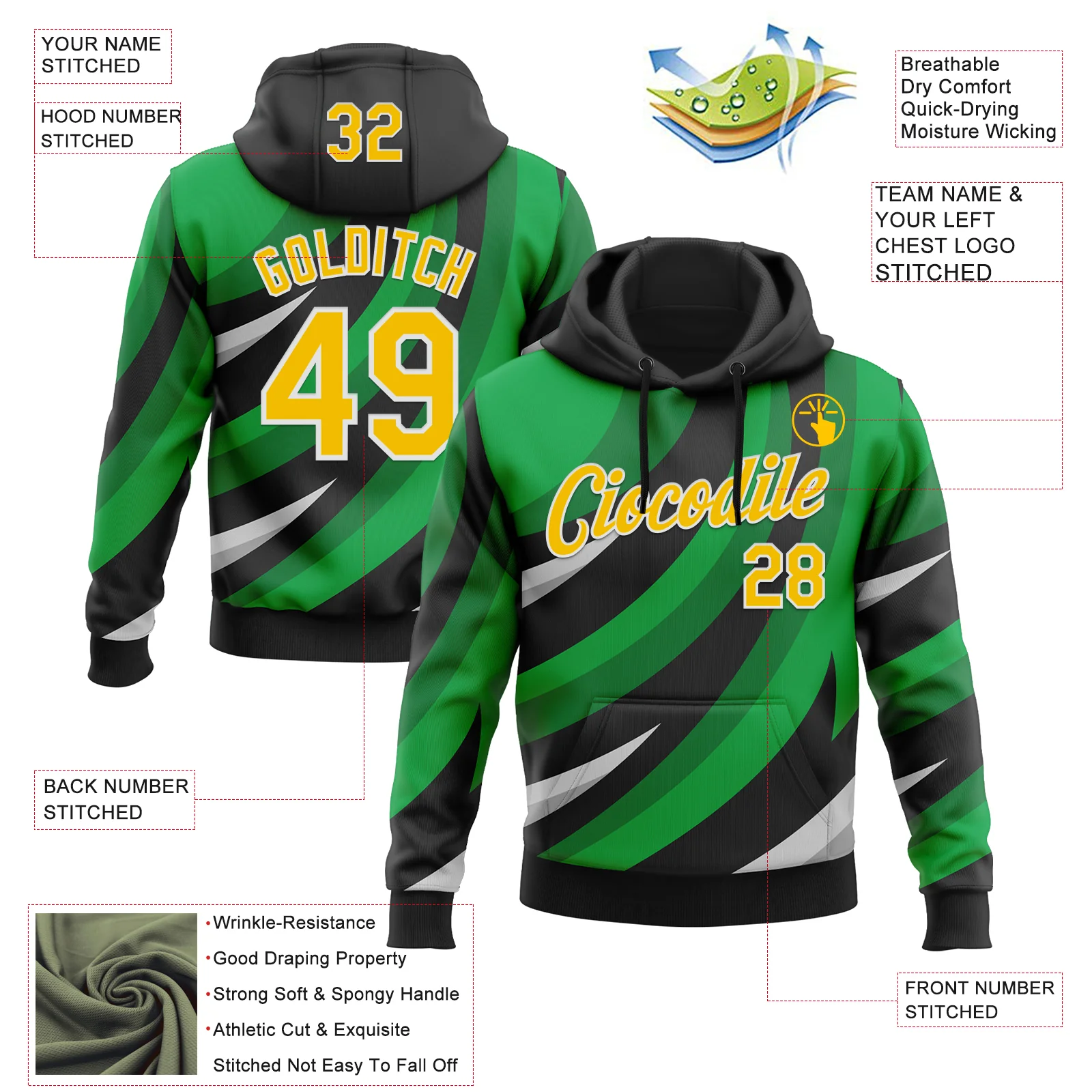 Custom Stitched Black Yellow Green-White 3D Pattern Design Sportswear Pullover Sweatshirt Hoodie