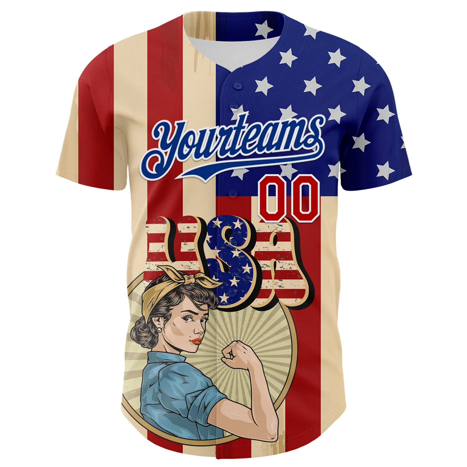 Custom Cream Red Royal-White 3D Retro American Flag Authentic Baseball Jersey