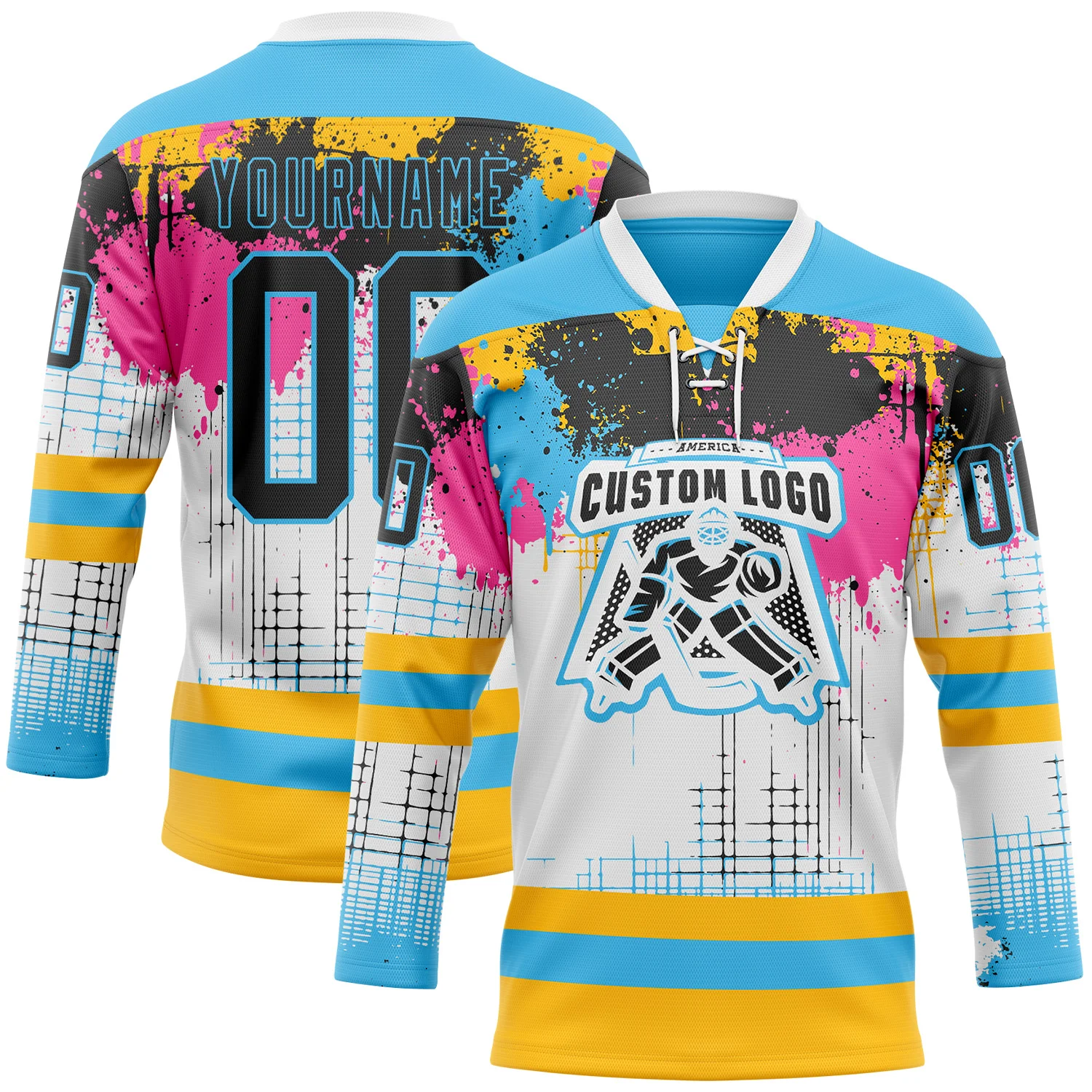 Custom White Black Sky Blue Pink-Gold 3D Pattern Abstract Splatter Paint Hockey Lace Neck Jersey