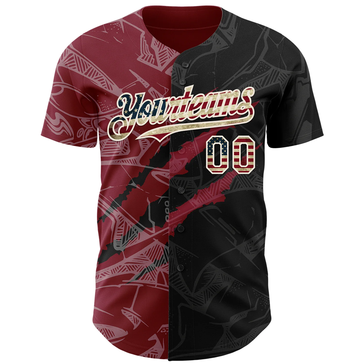 Custom Graffiti Pattern Vintage USA Flag Black Crimson-Cream 3D Scratch Authentic Baseball Jersey