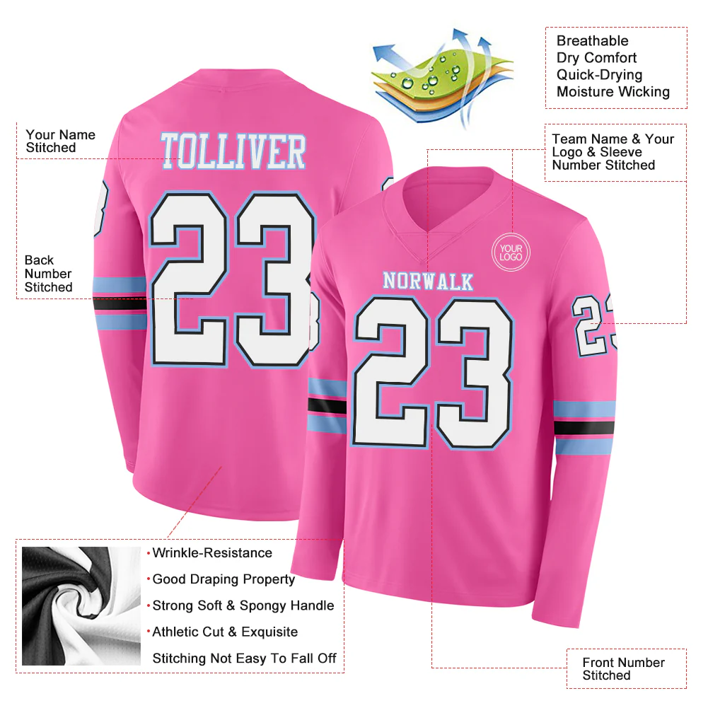 Custom Pink White Black-Light Blue Long Sleeve Authentic Football Jersey
