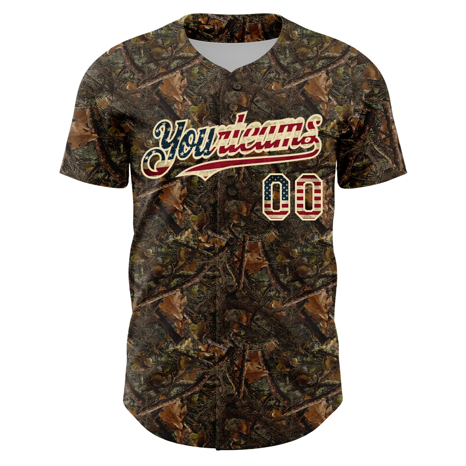 Custom Camo Vintage USA Flag-Cream 3D Woodland Camo Authentic Salute To Service Baseball Jersey
