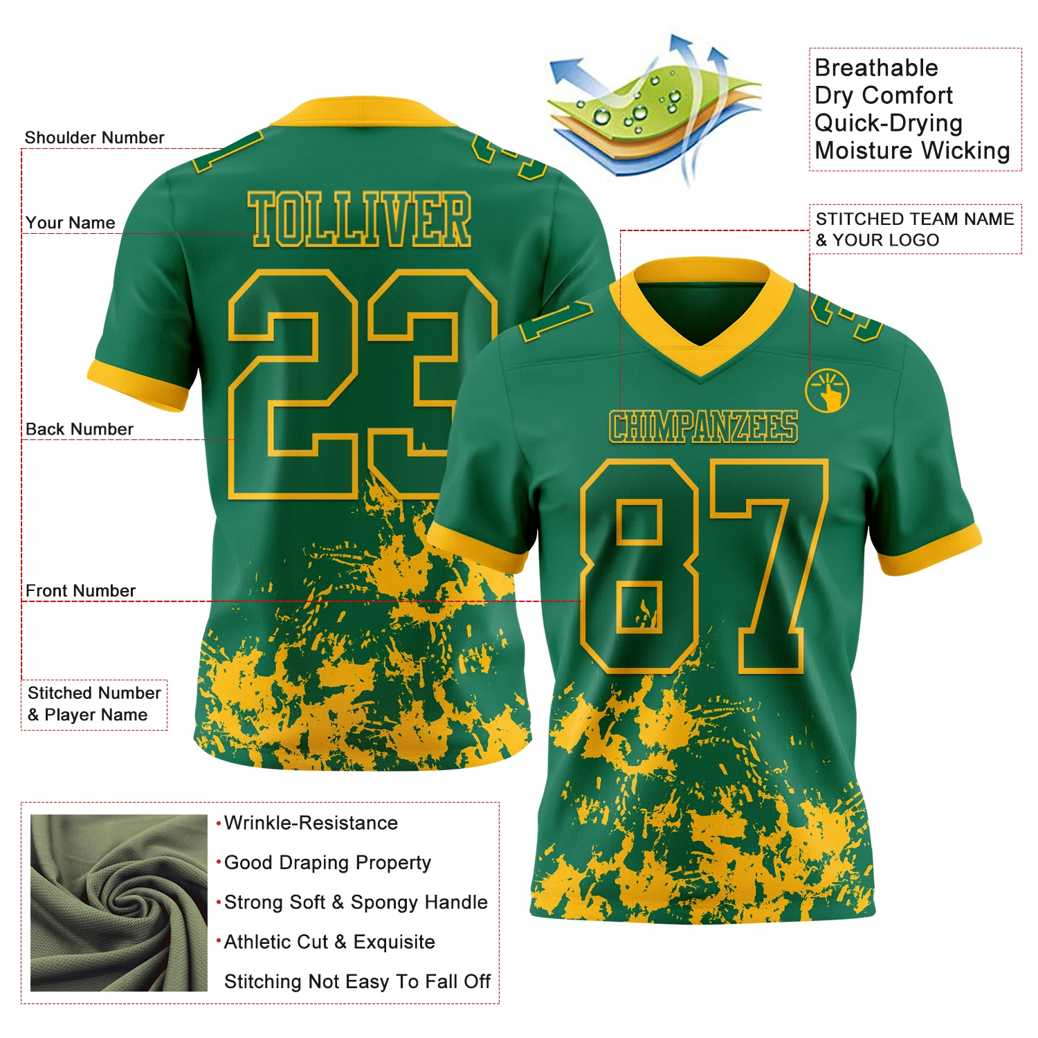 Custom Kelly Green Gold 3D Pattern Splash Authentic Football Jersey