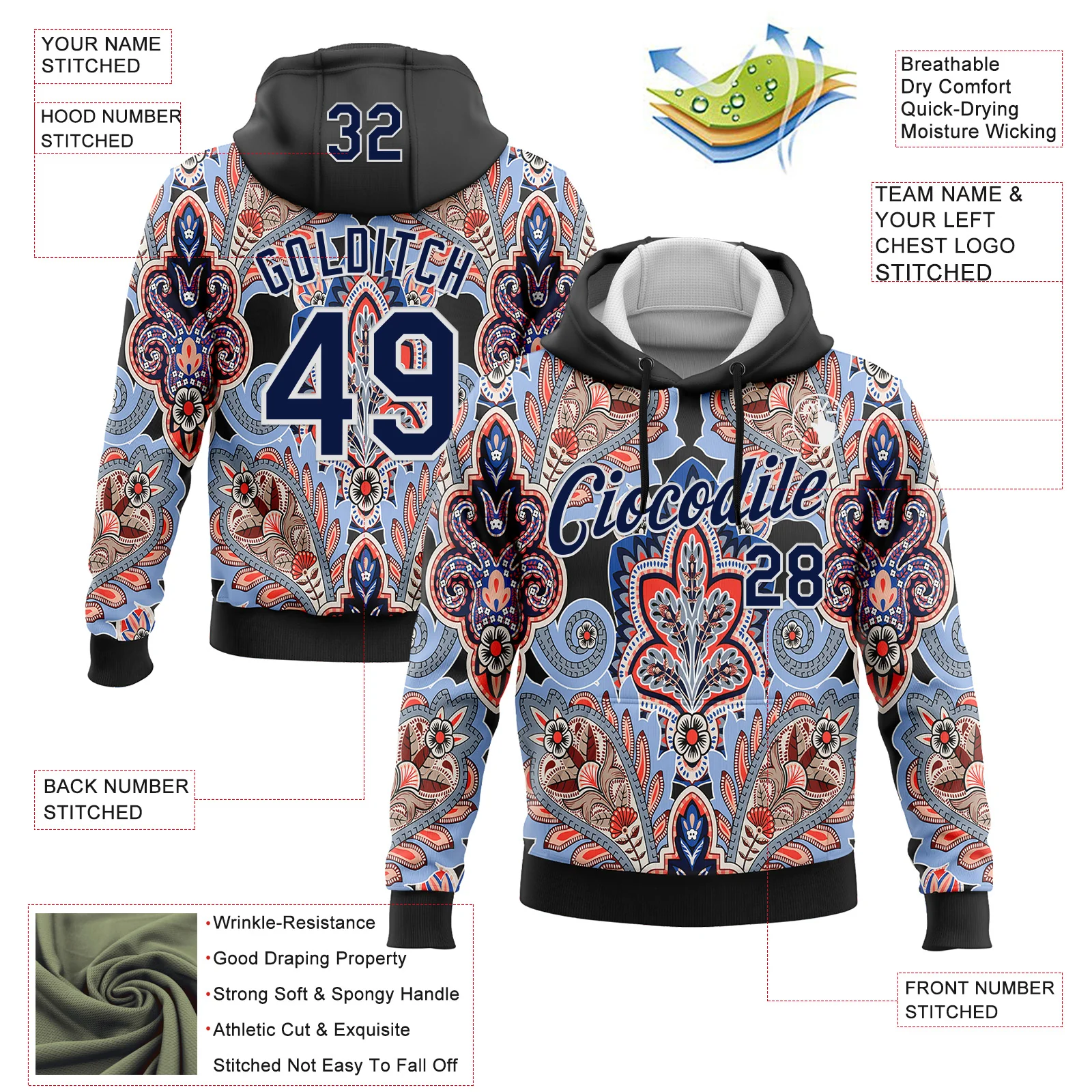 Custom Stitched Black Navy-White 3D Pattern Design Ethnic Paisley Floral Bandana Sports Pullover Sweatshirt Hoodie