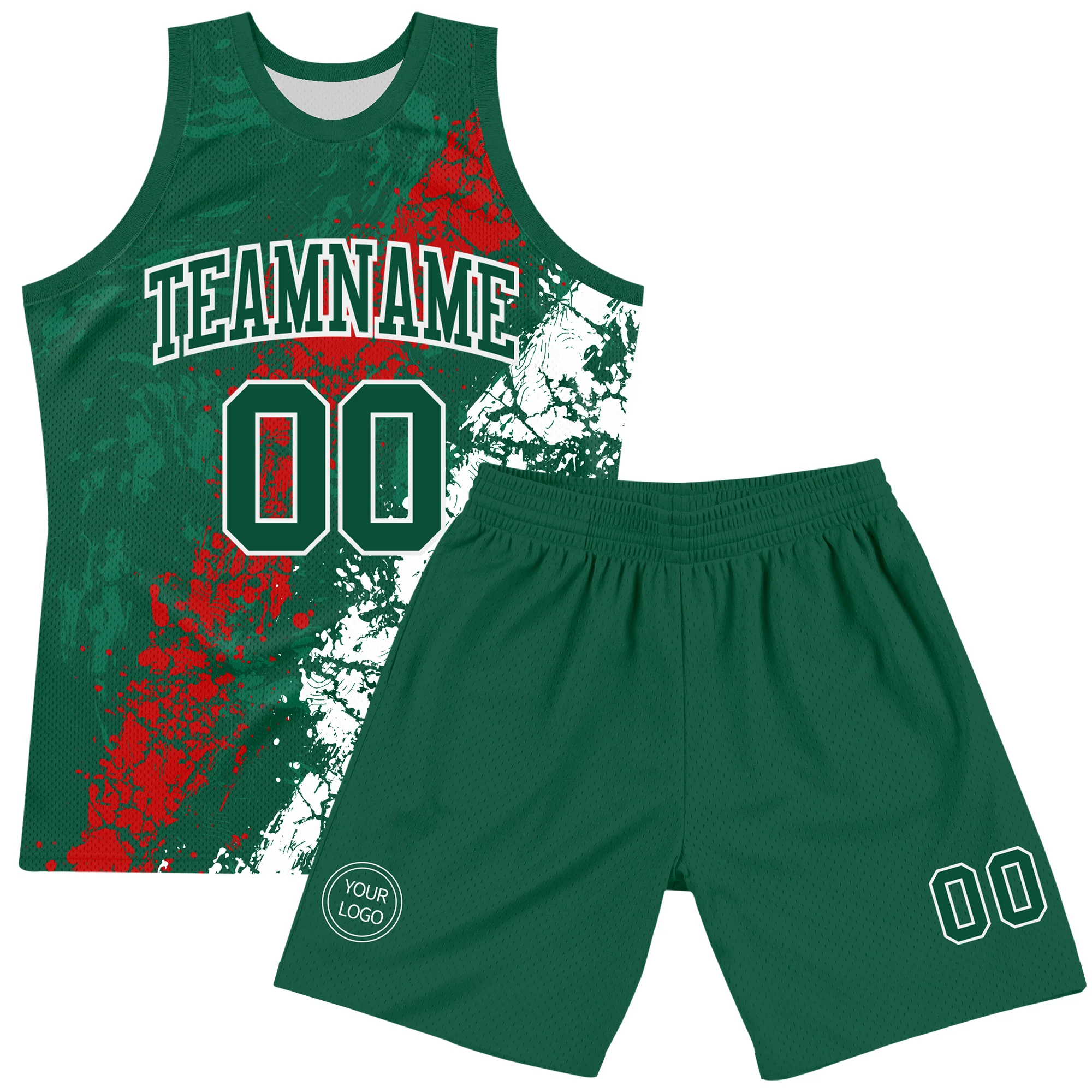 Custom Green Red-White Splash Round Neck Sublimation Basketball Suit Jersey