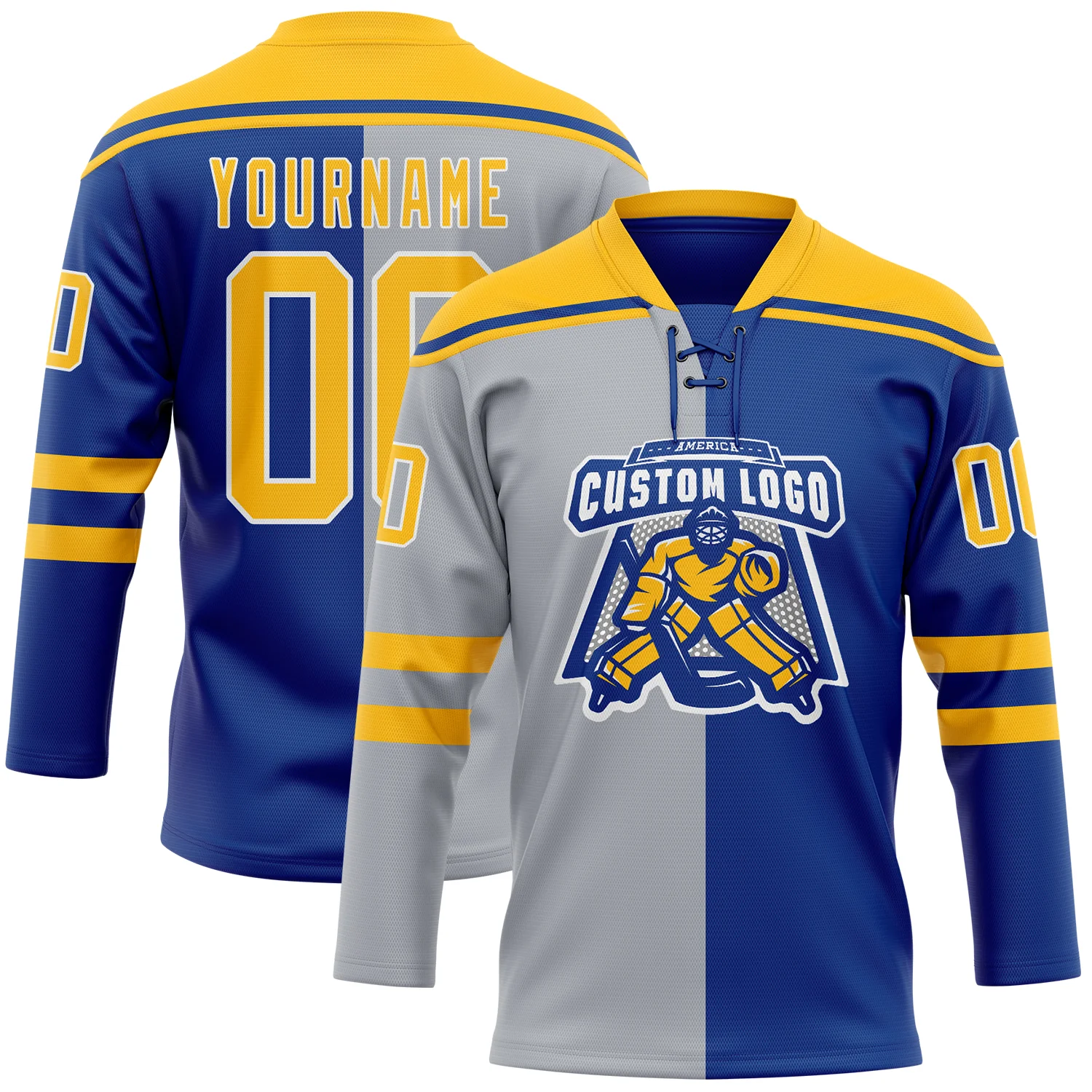 Custom Royal Gold Gray-White Split Fashion Hockey Lace Neck Jersey