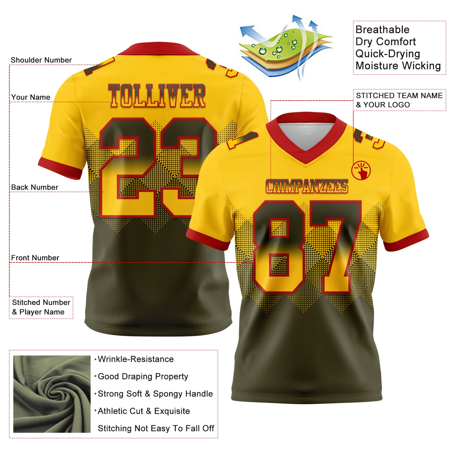 Custom Yellow Olive-Red Authentic Gradient Square Shape Flag Football Jersey