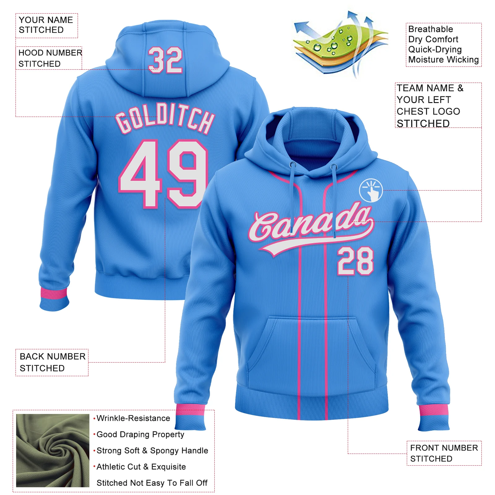 Custom Stitched Powder Blue White-Pink Baseball Pullover Sweatshirt Hoodie