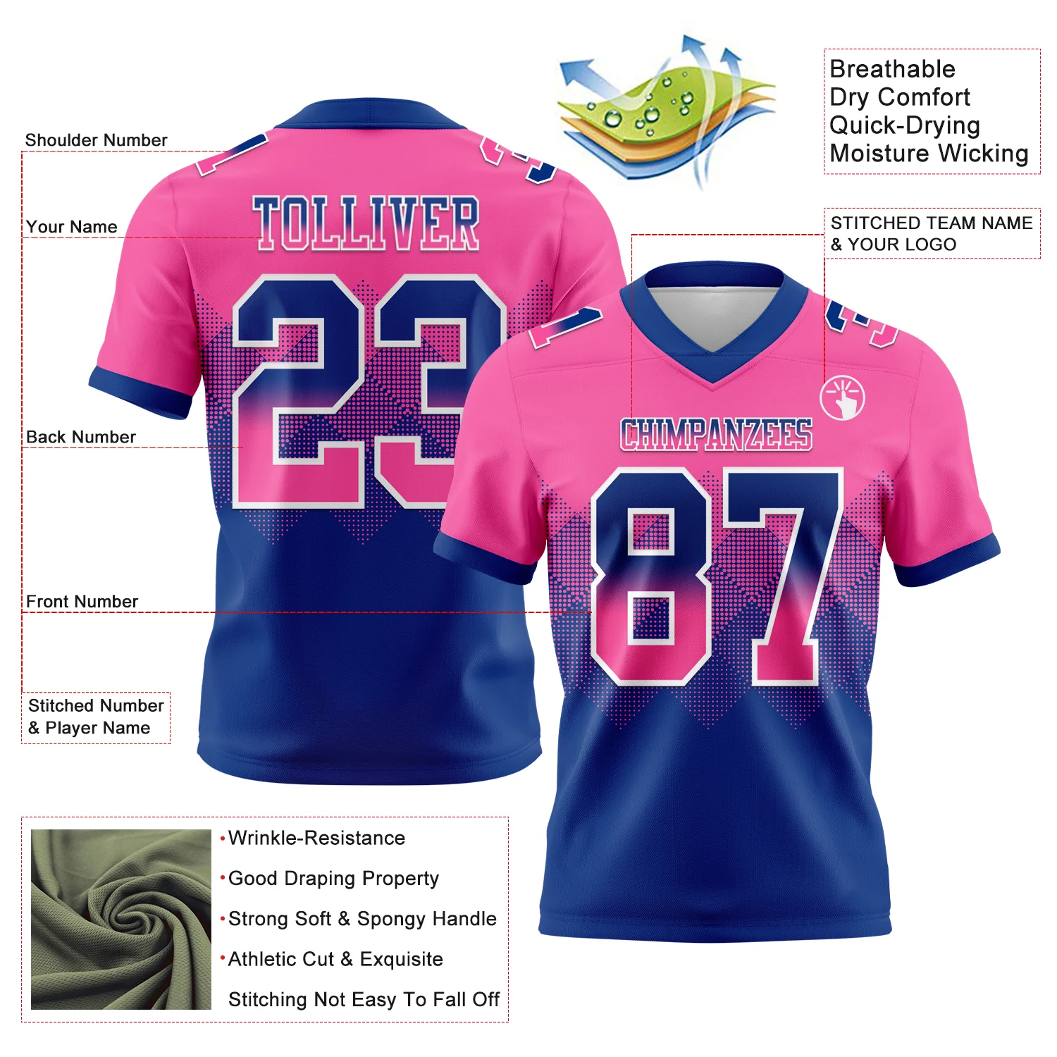 Custom Pink Royal-White Authentic Gradient Square Shape Flag Football Jersey