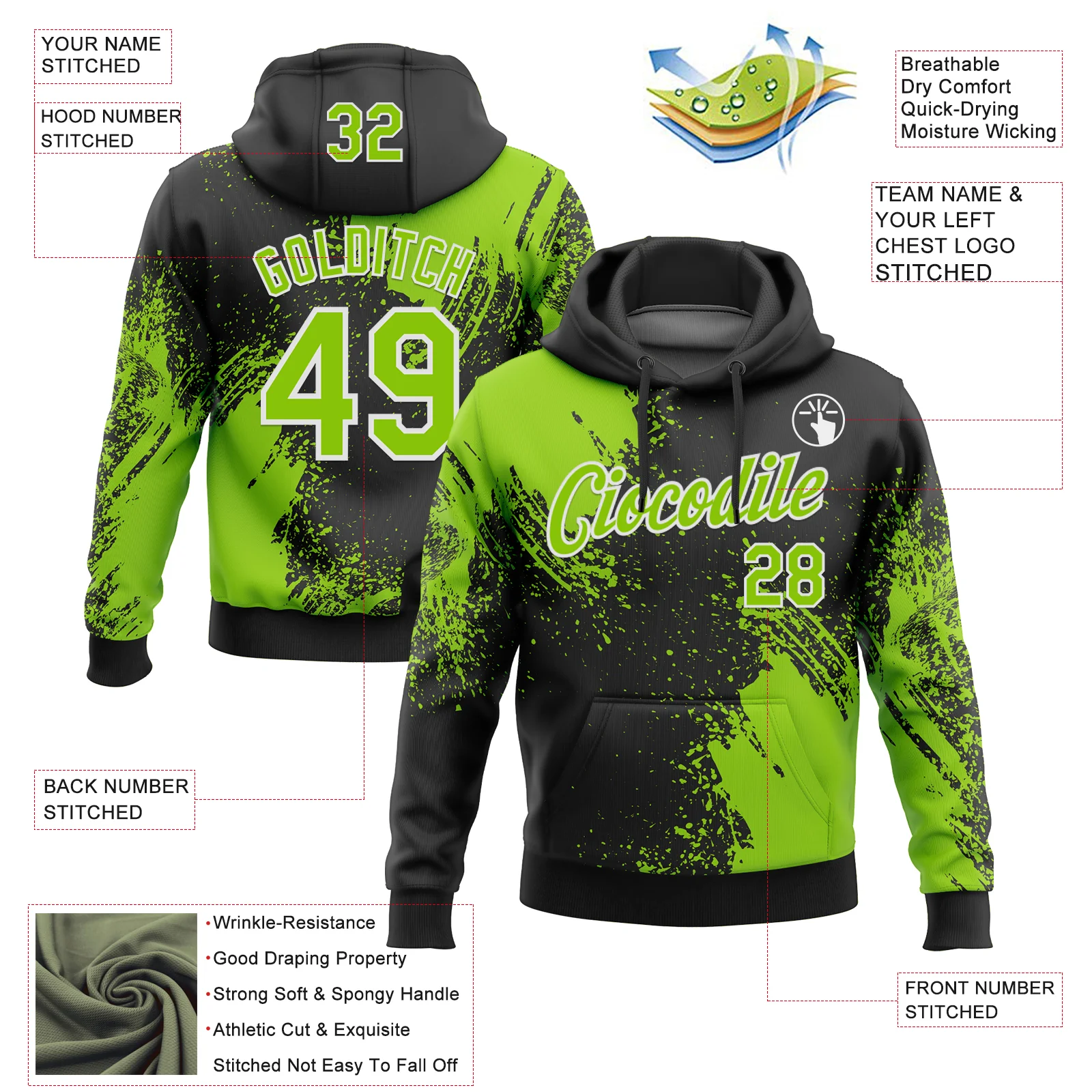Custom Stitched Black Neon Green-White 3D Pattern Design Abstract Brush Stroke Sports Pullover Sweatshirt Hoodie