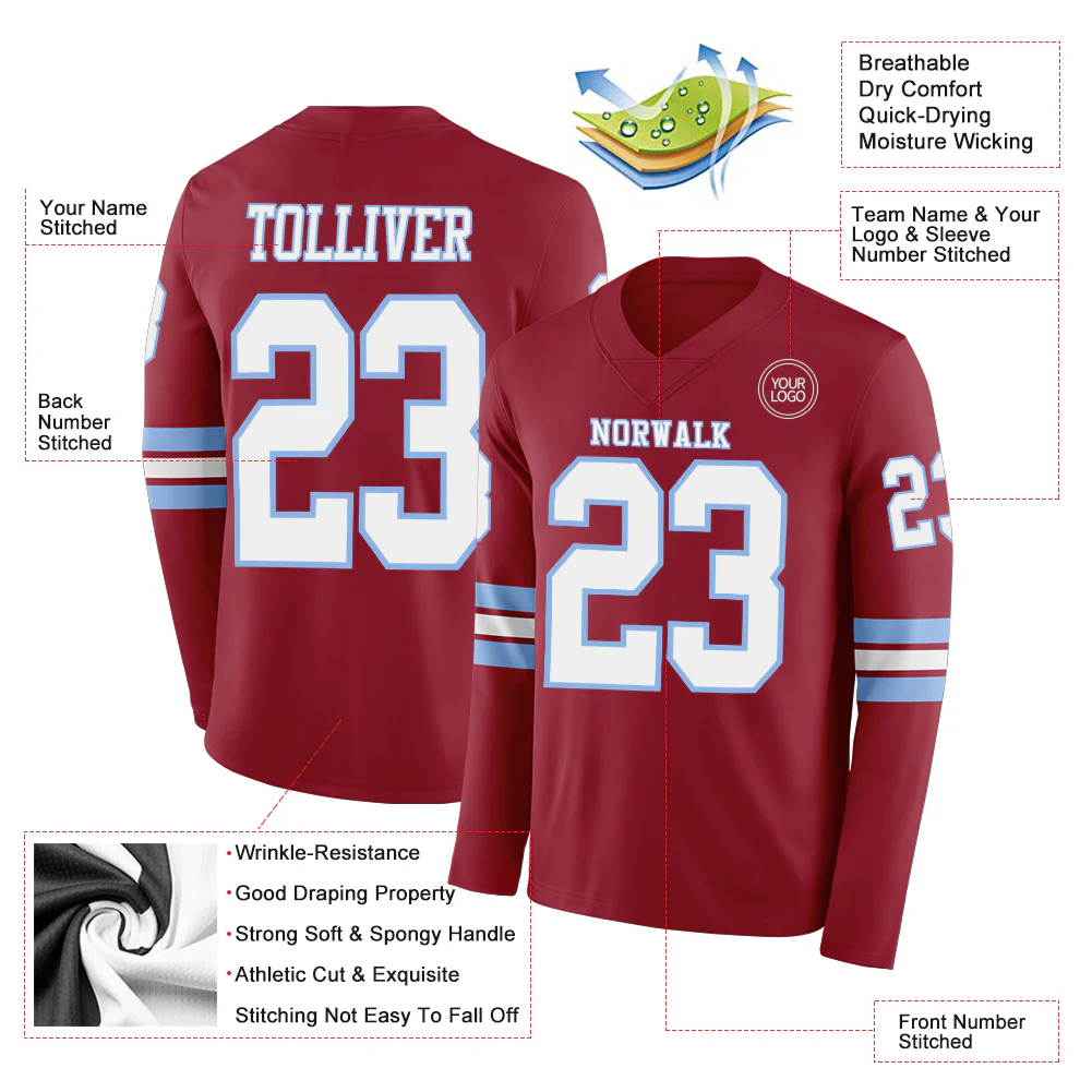Custom Cardinal White-Light Blue Long Sleeve Authentic Football Jersey