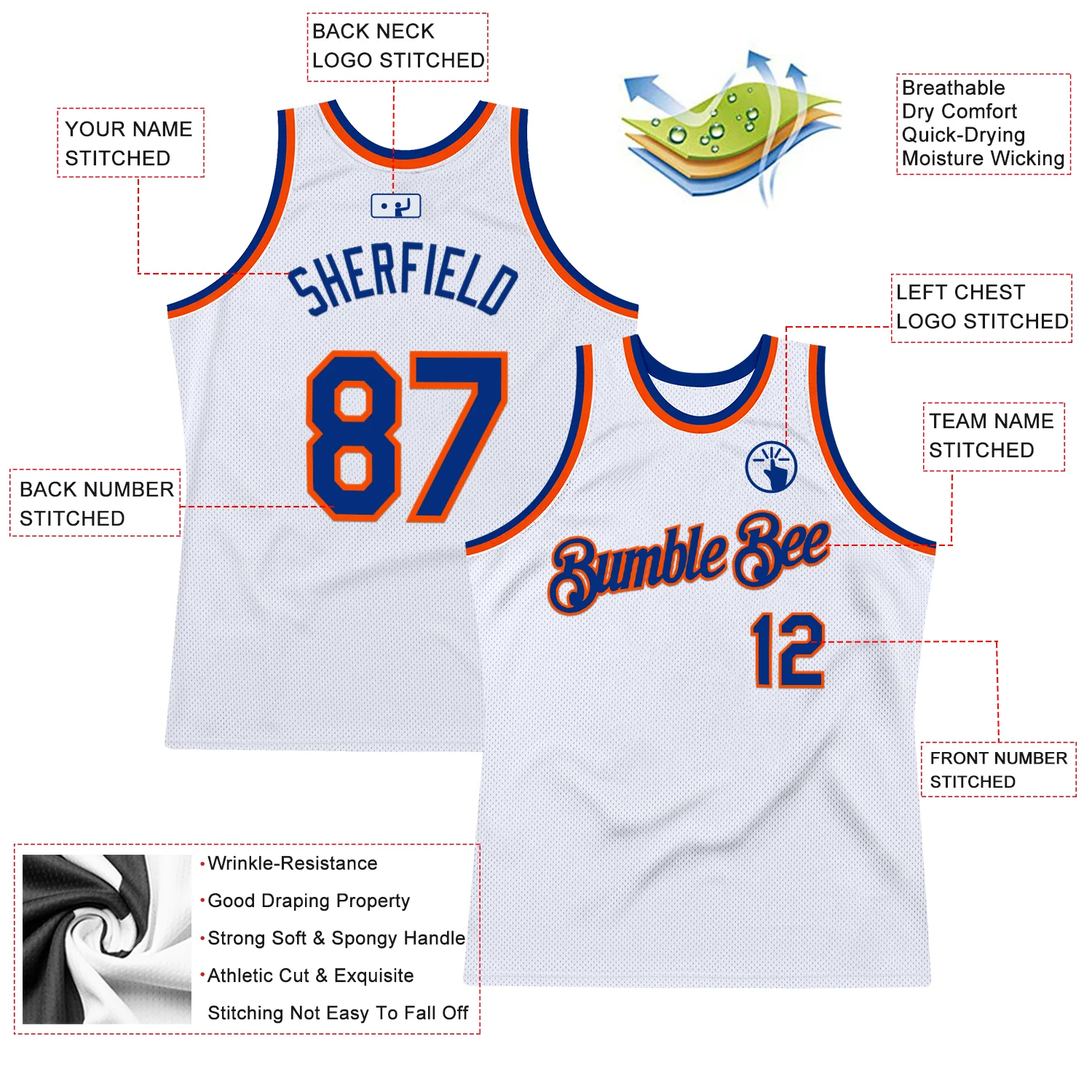 Custom White Royal-Orange Authentic Throwback Basketball Jersey