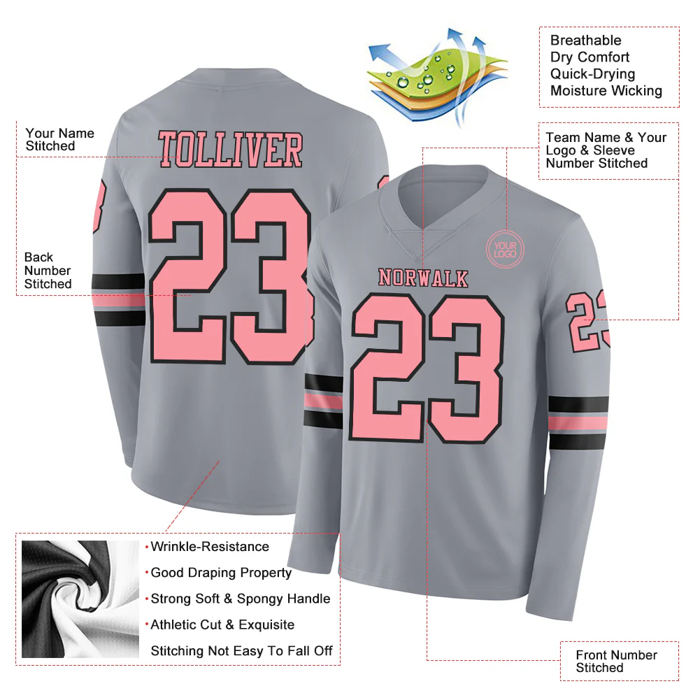 Custom Gray Medium Pink-Black Long Sleeve Authentic Football Jersey