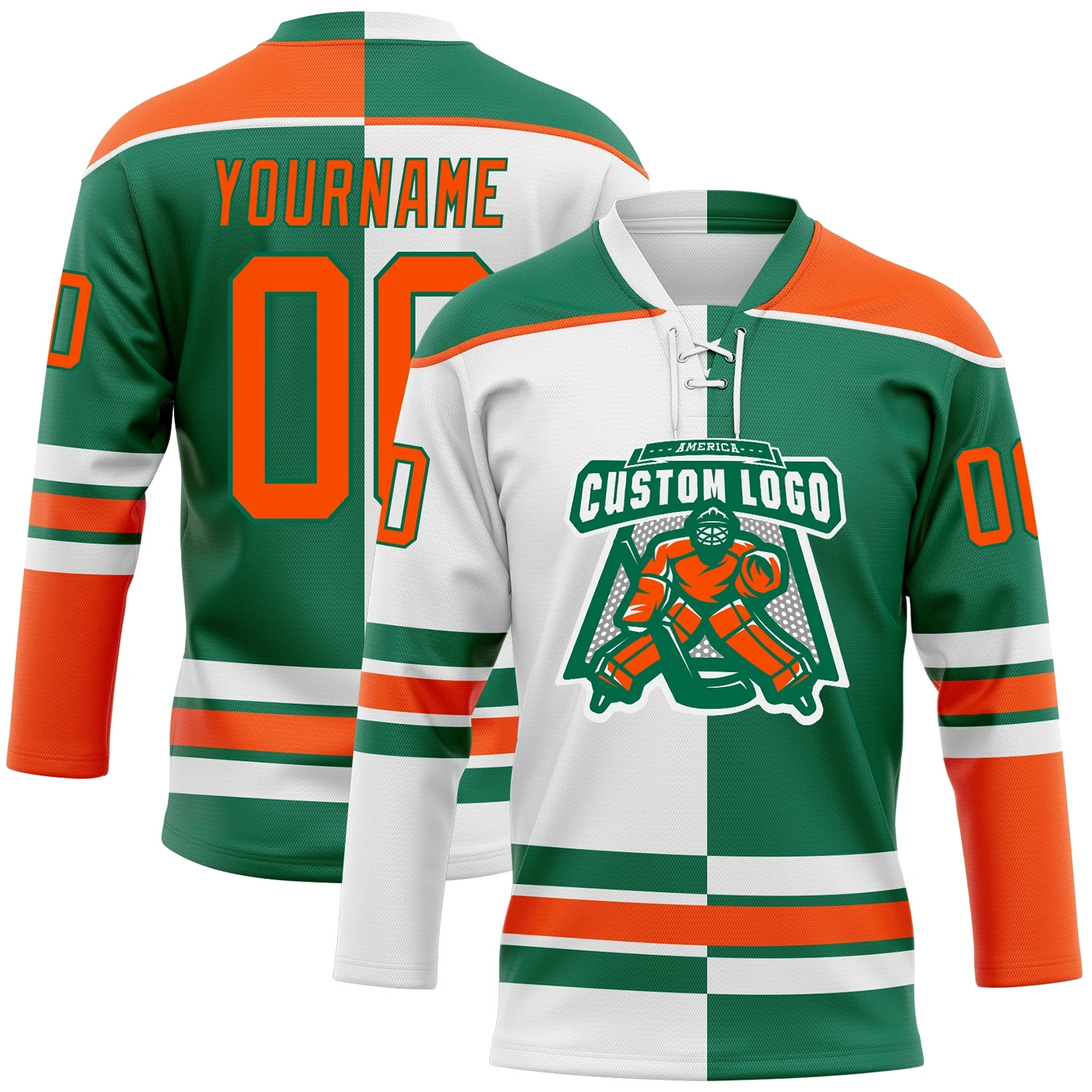 Custom Kelly Green Orange-White Split Fashion Hockey Lace Neck Jersey