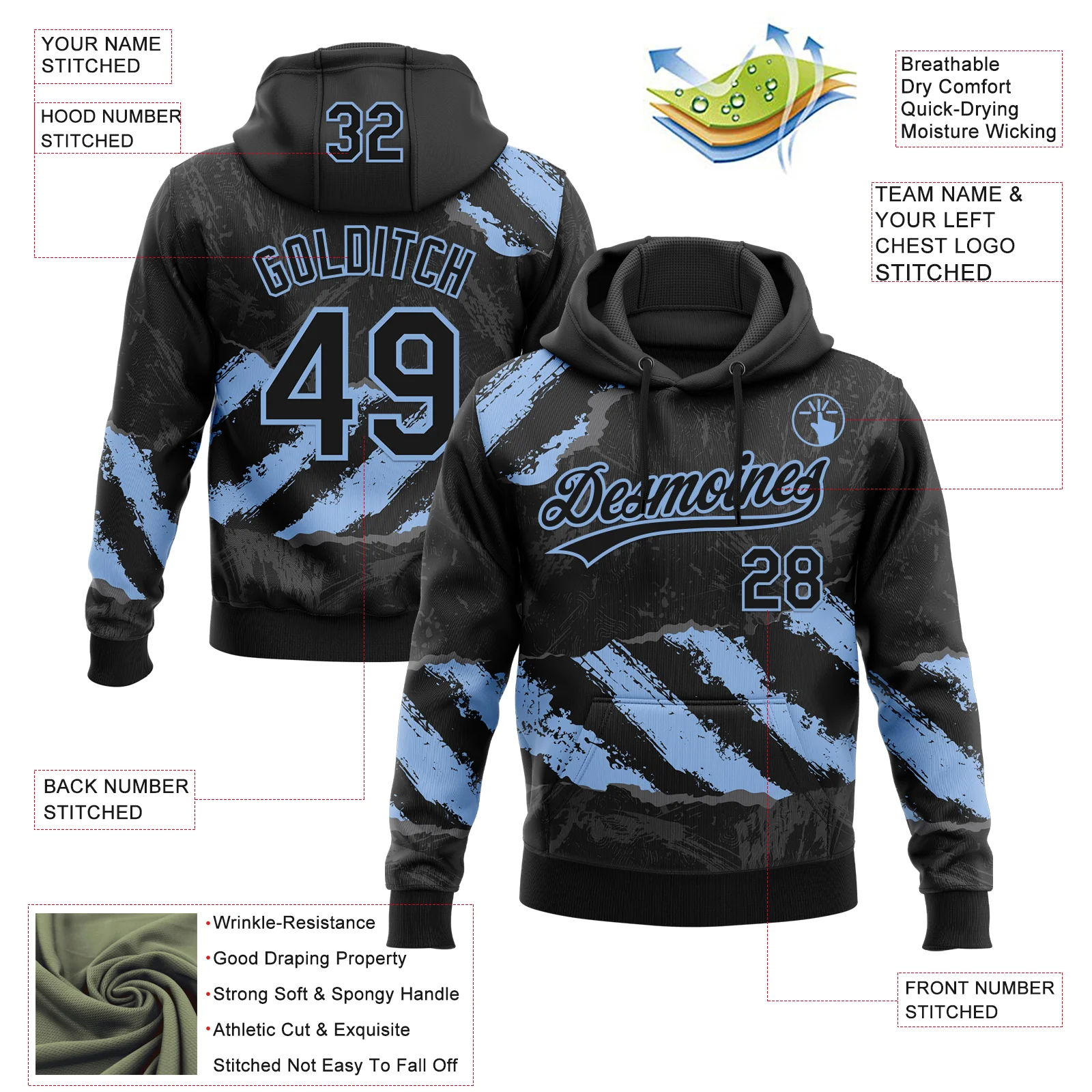 Custom Stitched Black Light Blue-Steel Gray 3D Pattern Design Splash Sports Pullover Sweatshirt Hoodie