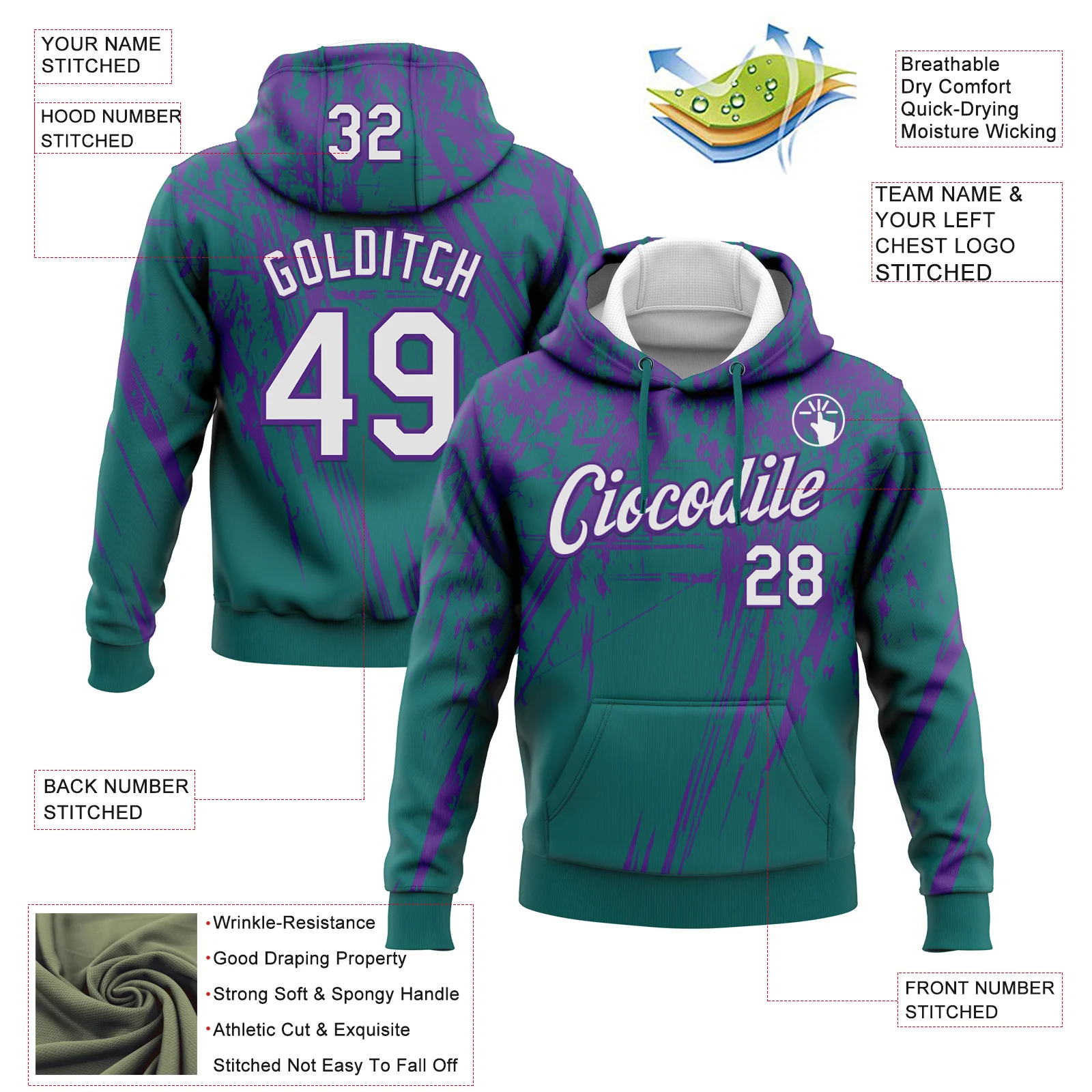 Custom Stitched Teal White-Purple 3D Pattern Design Splash Grunge Art Sports Pullover Sweatshirt Hoodie