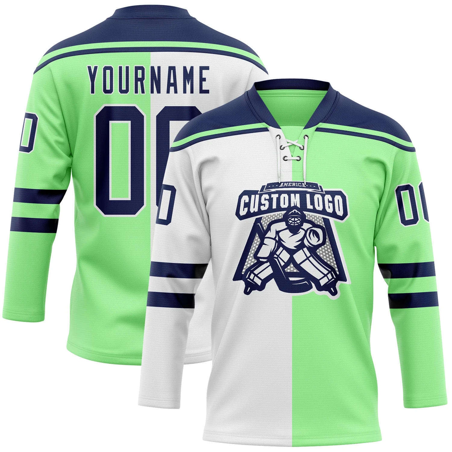 Custom Pea Green Navy-White Split Fashion Hockey Lace Neck Jersey