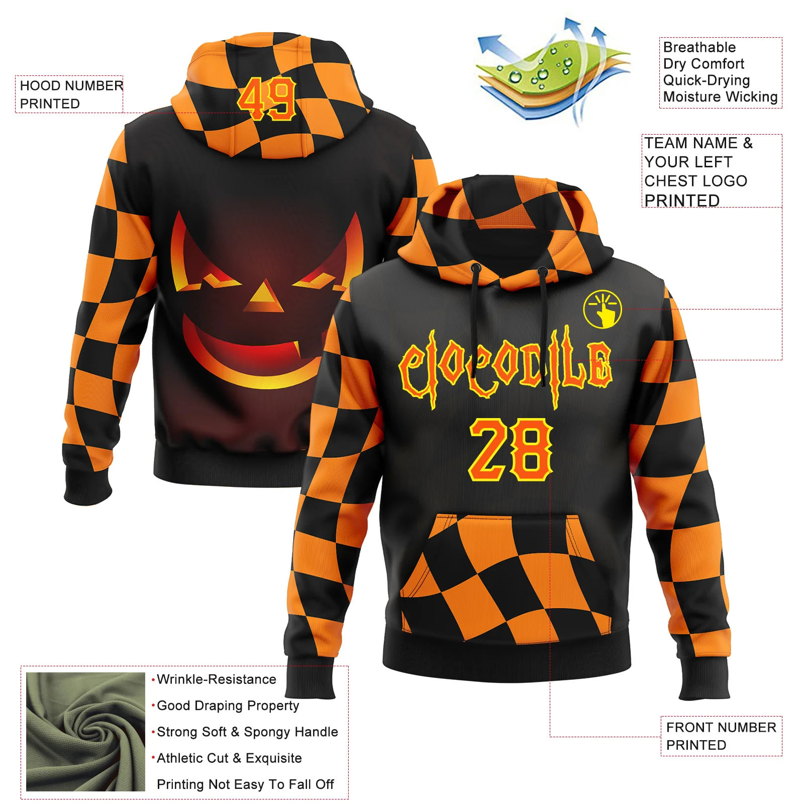 Custom Black Orange-Light Yellow 3D Halloween Checkboard Pumpkin Party Costume Ideas Sports Pullover Sweatshirt Hoodie