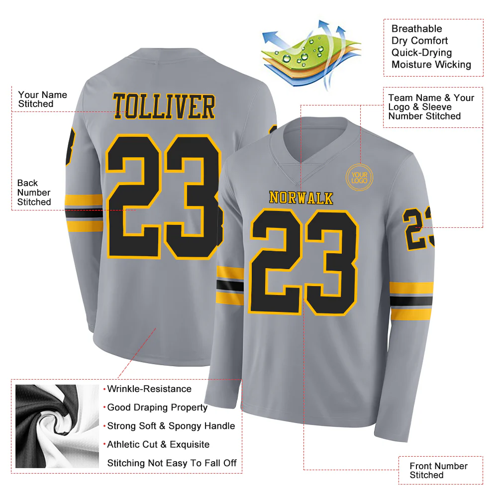 Custom Gray Black-Gold Long Sleeve Authentic Football Jersey