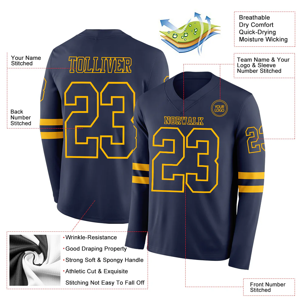 Custom Navy Gold Long Sleeve Authentic Football Jersey
