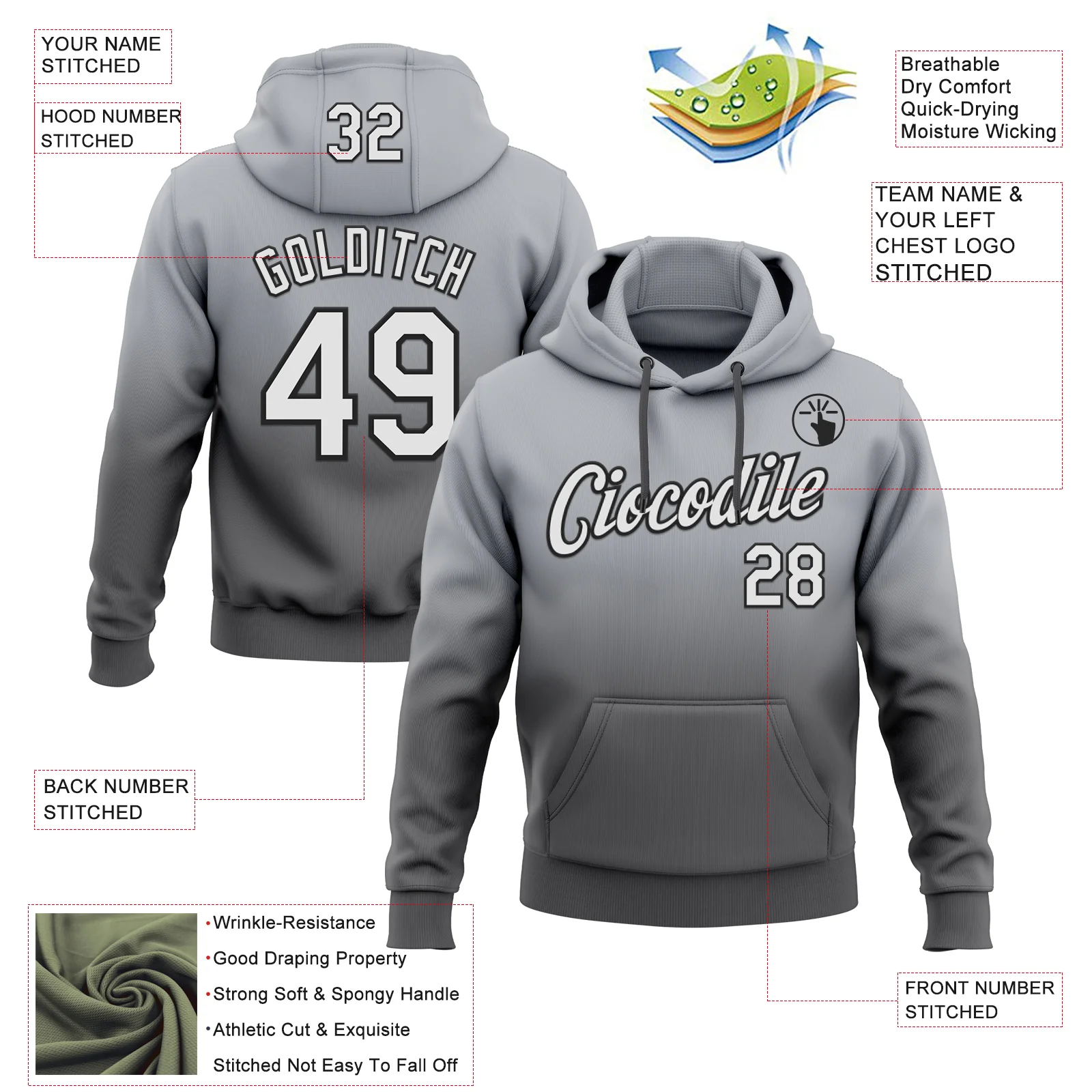Custom Stitched Gray White Steel Gray-Black Fade Fashion Sports Pullover Sweatshirt Hoodie