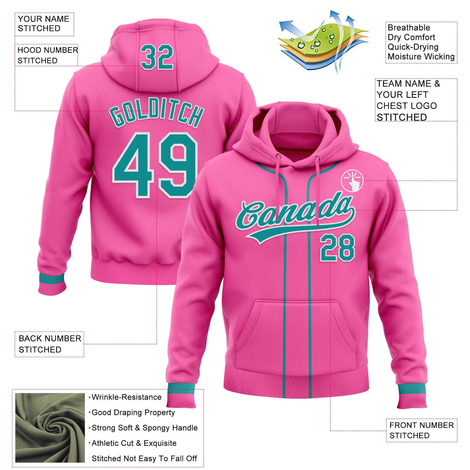 Custom Stitched Pink Teal-White Baseball Pullover Sweatshirt Hoodie