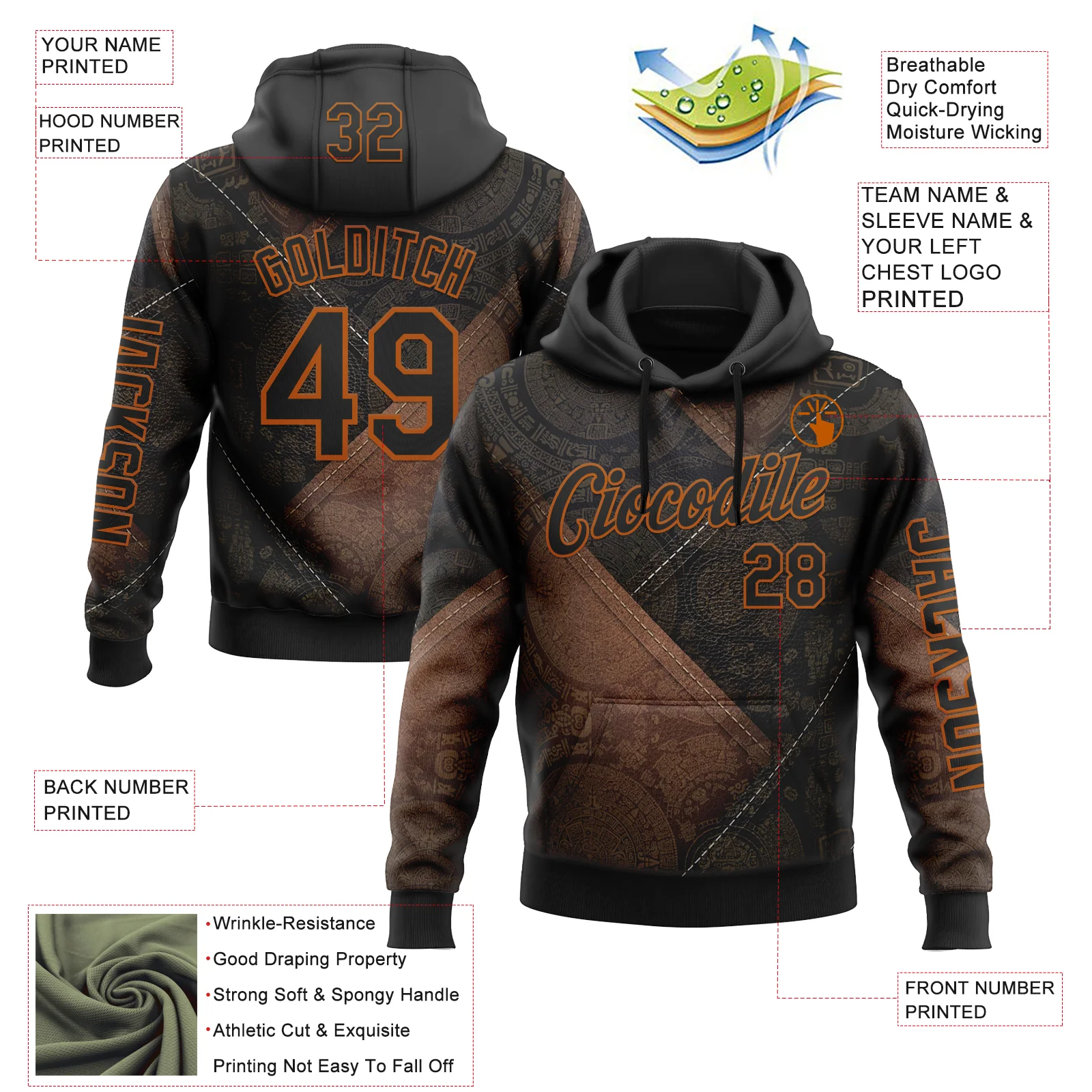 Custom Black Texas Orange 3D Pattern Design Ethnic Tribal Sportswear Pullover Sweatshirt Hoodie