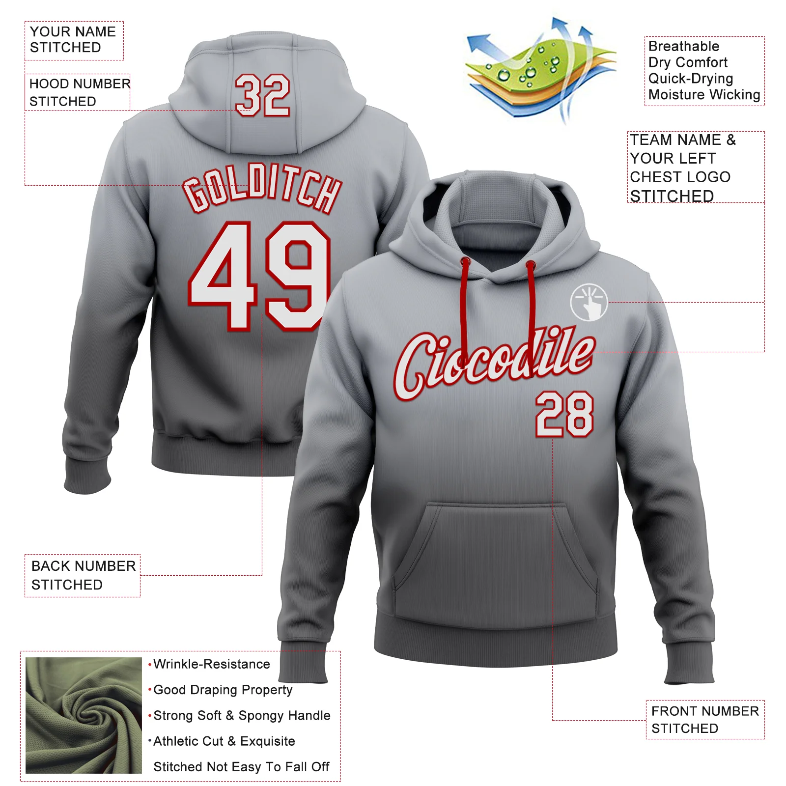 Custom Stitched Gray White Steel Gray-Red Fade Fashion Sports Pullover Sweatshirt Hoodie