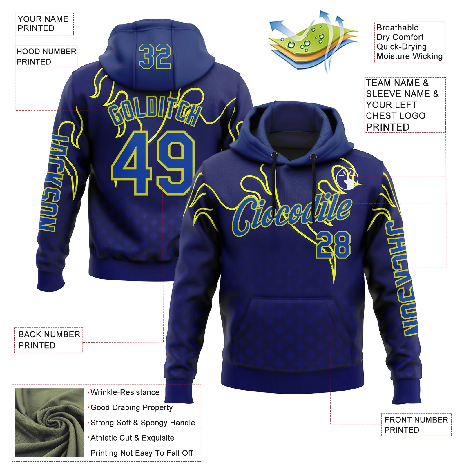 Custom Royal Thunder Blue-Yellow 3D Abstract Flame Sports Pullover Sweatshirt Hoodie