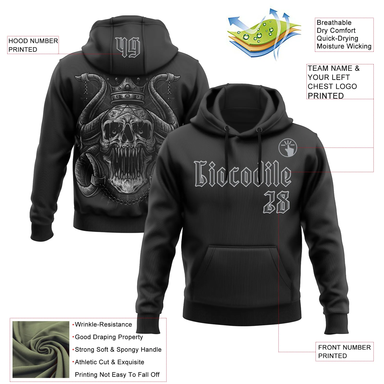 Custom Black Gray 3D Skull Gothic Horned Emperor Sports Pullover Sweatshirt Hoodie