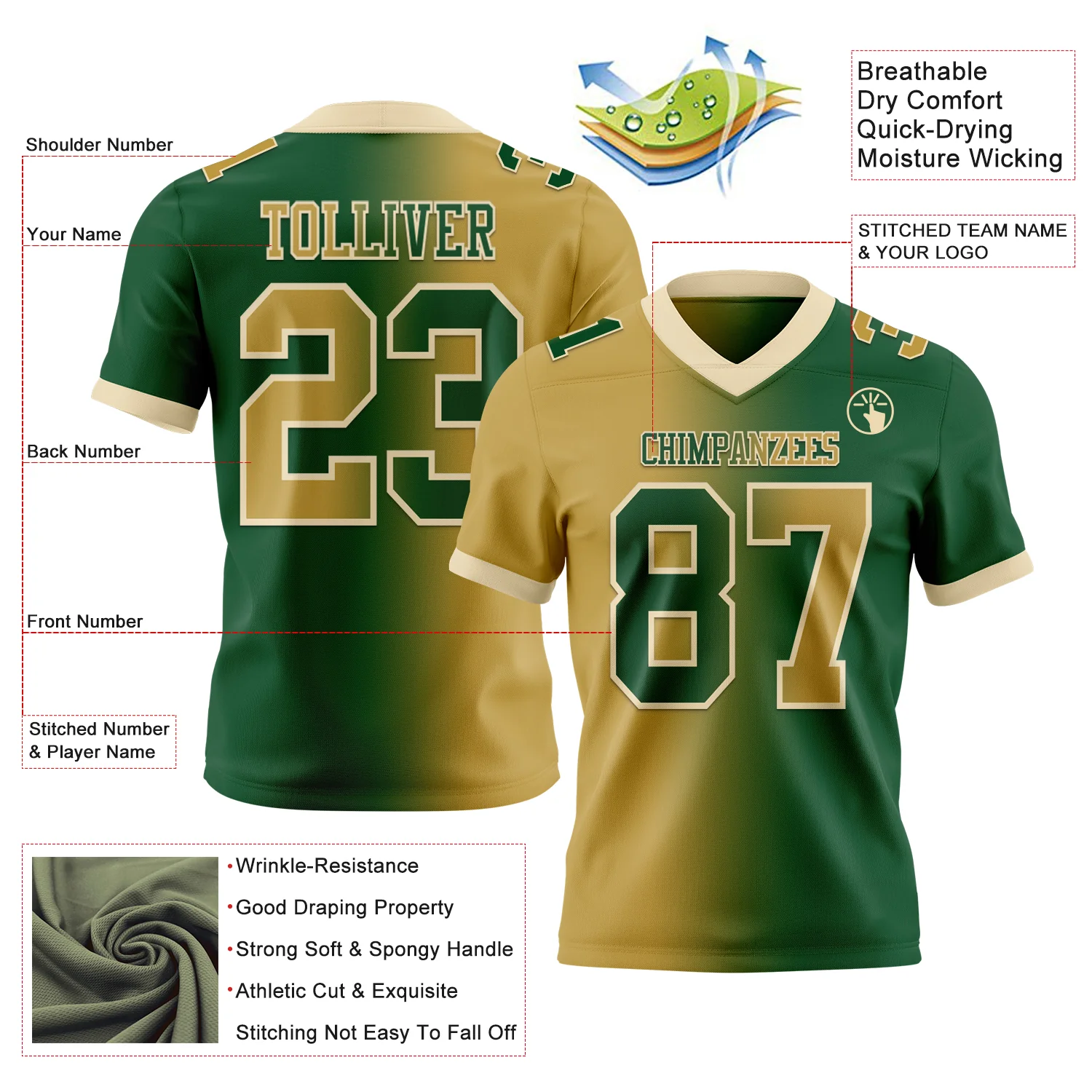 Custom Green Old Gold-Cream Authentic Gradient Fashion Football Jersey