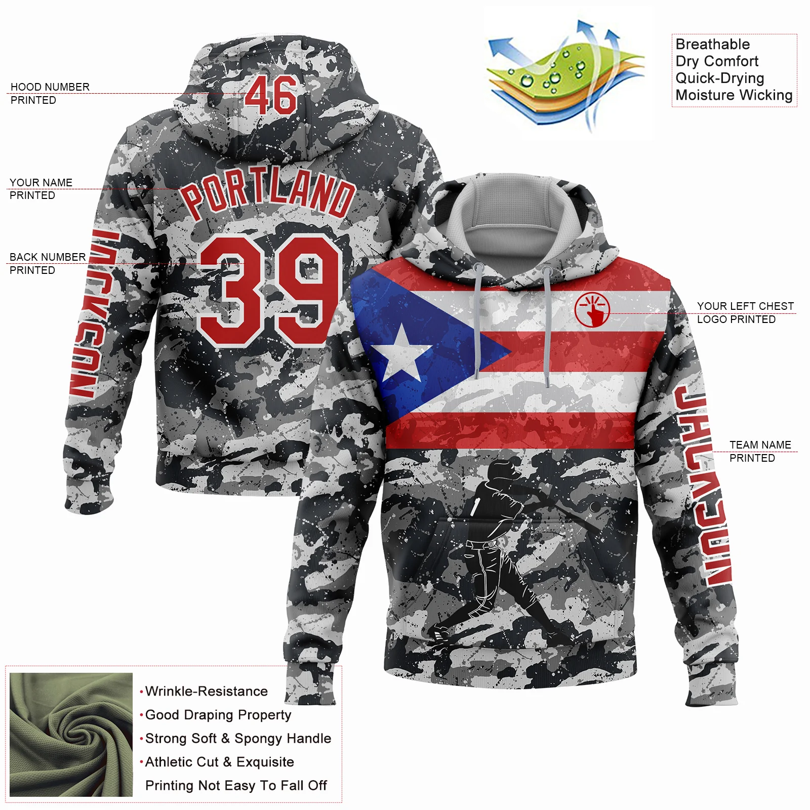 Custom Camo Red-White 3D Puerto Rico Puerto Rican Flag Sports Pullover Sweatshirt Salute To Service Hoodie