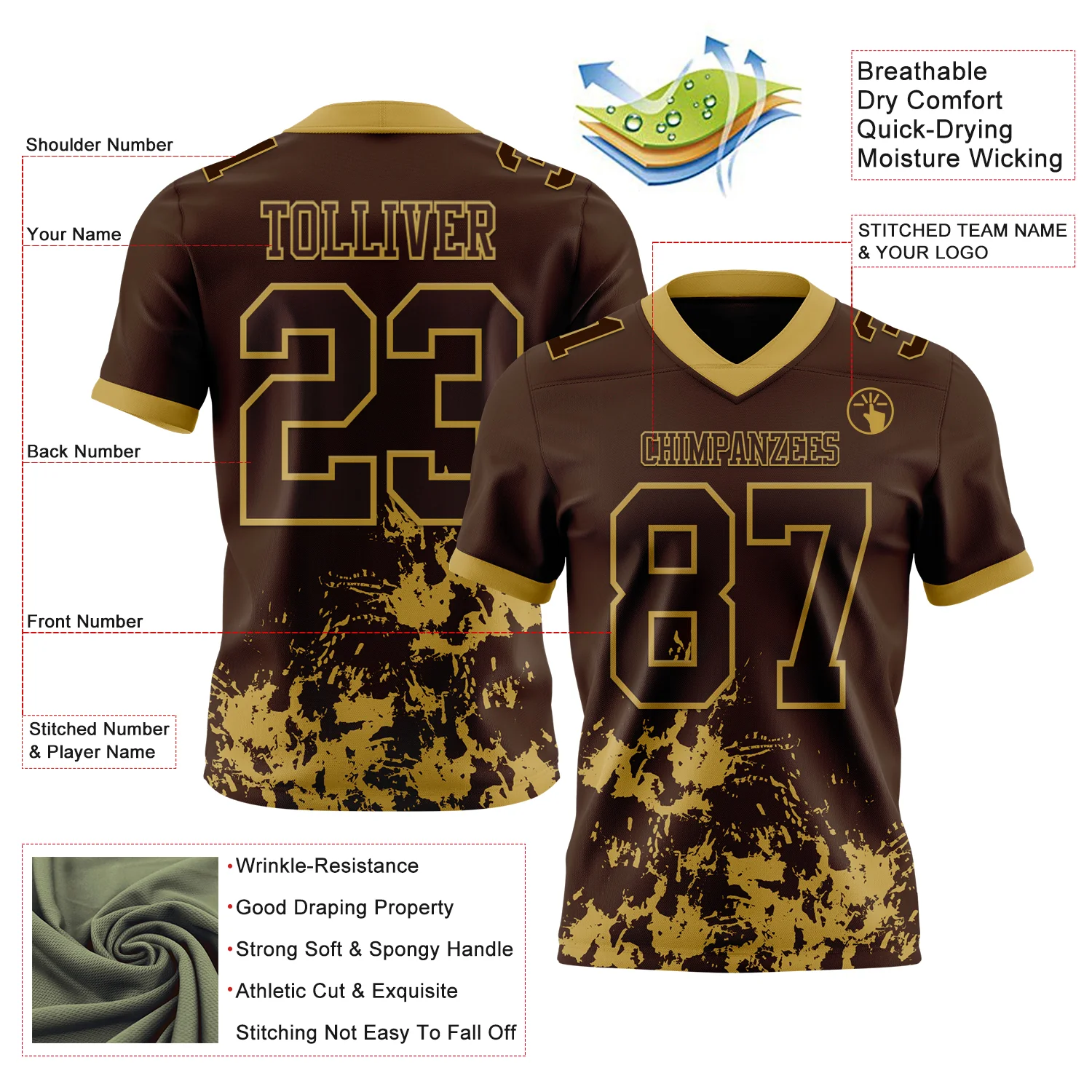 Custom Brown Old Gold 3D Pattern Splash Authentic Football Jersey