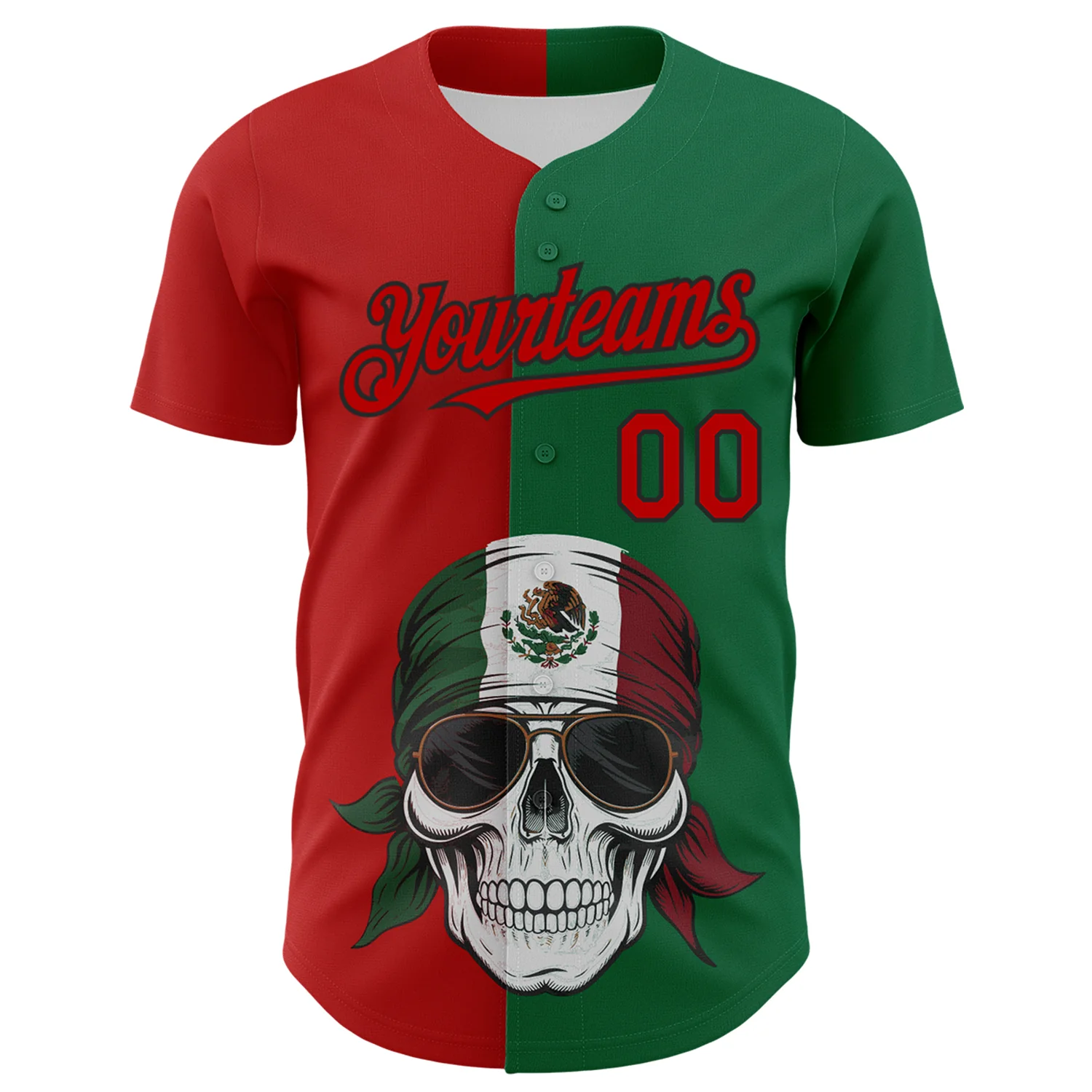 Custom Green Red-Black 3D Mexican Flag Skull Authentic Baseball Jersey